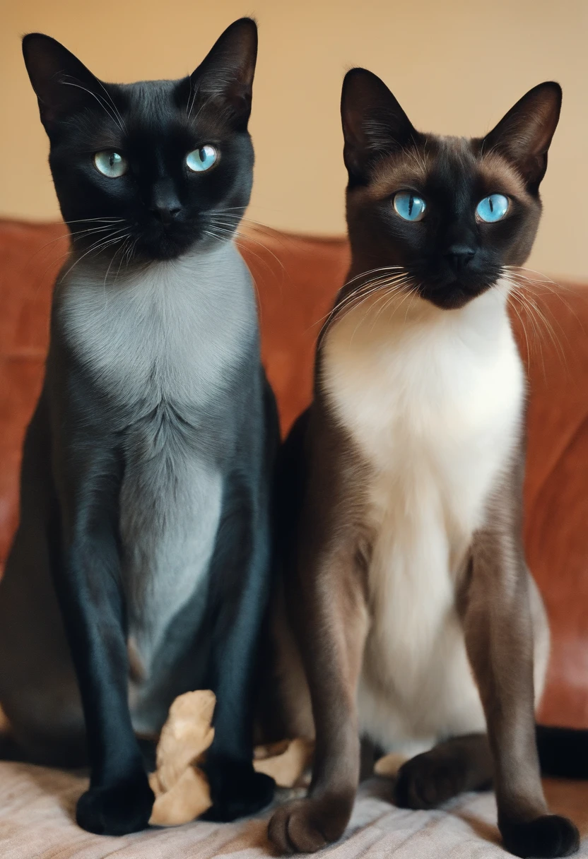 2 chubby and skinny black Siamese friends cats