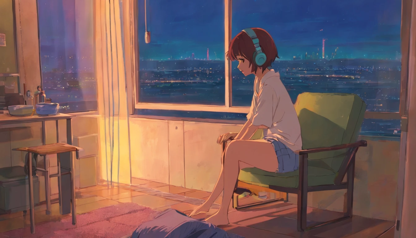 portlate、512、Lo-Fi(Lo-Fi)、Girl sitting on a chair with headphones on、getting undressed to take a shower、City view outside the window、Early evening、Pastel colors、Painting, 18 years old.