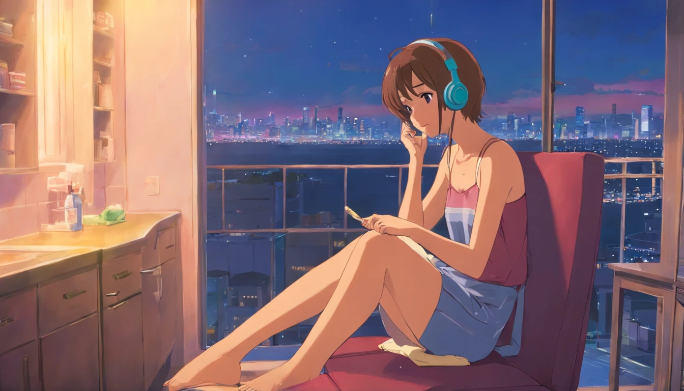 portlate、512、Lo-Fi(Lo-Fi)、Girl sitting on a chair with headphones on、getting undressed to take a shower、City view outside the window、Early evening、Pastel colors、Painting, 18 years old.