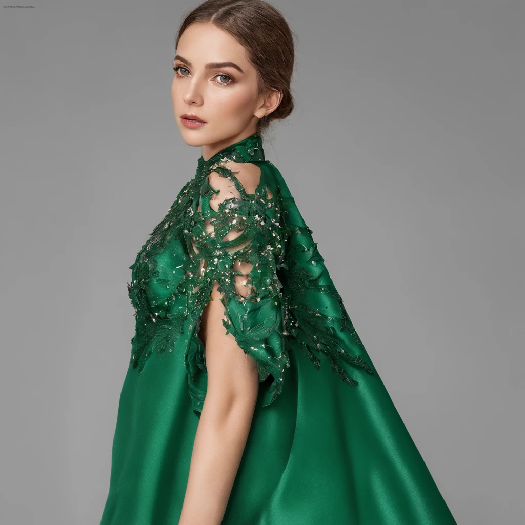 tmasterpiece, Best quality at best, roupa de formatura, vestido verde, vestido inteiro com lantejoulas verdes, vestido longo, cabelos castanhos escuros, Ao ar livre, Capa de Revista , corpo inteiro.