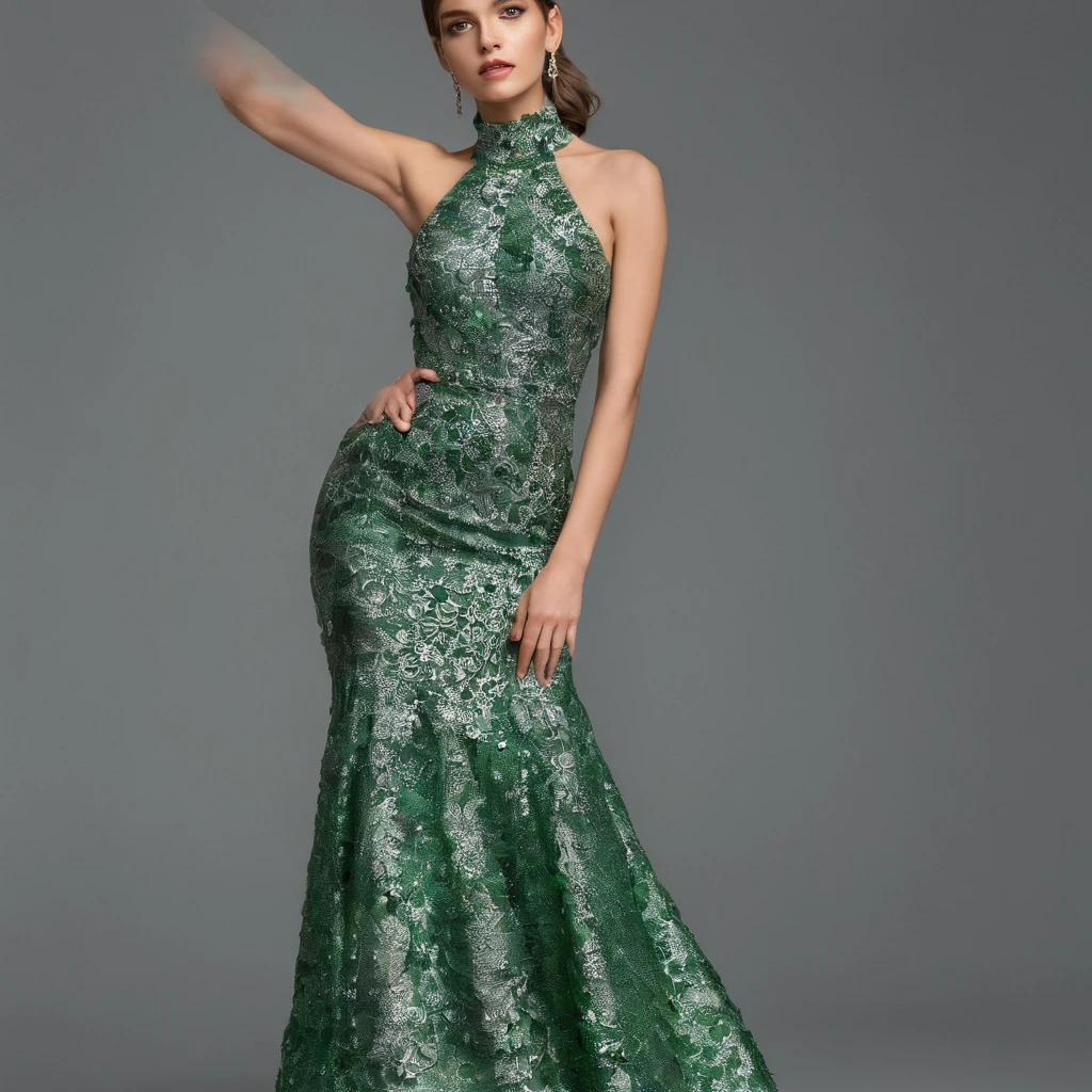 tmasterpiece, Best quality at best, roupa de formatura, vestido verde, vestido inteiro com lantejoulas verdes, vestido longo, cabelos castanhos escuros, Ao ar livre, Capa de Revista , corpo inteiro.