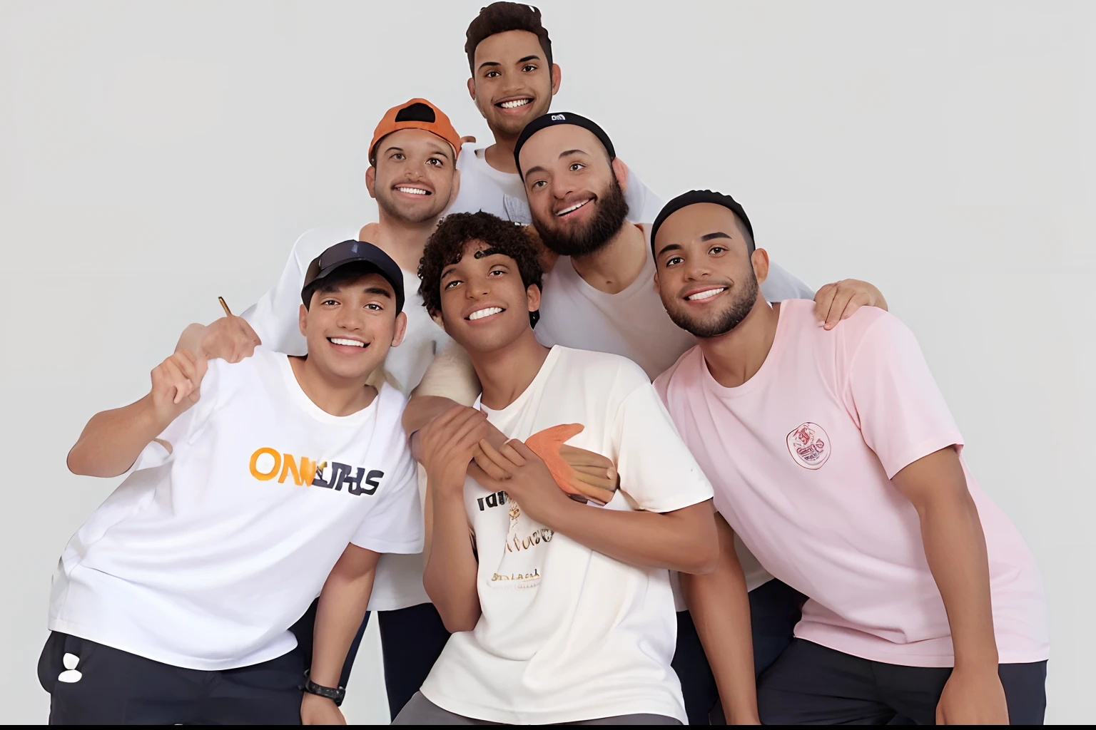 Grupo de homens, one with an orange cap, outro com a camisa rosa, todos sorridentes