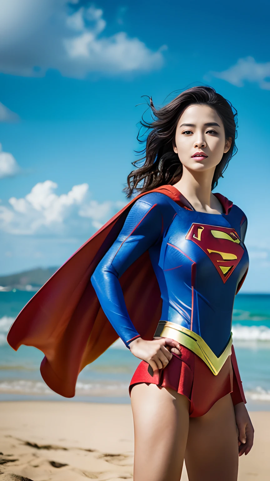 1girl in, Beautiful Hawaiian Woman,((Supergirl Suit)),(sleeveless),A sexy, superman logo, full-shot, Standing Pose, looking at the viewers,Hawaiian Landscape,the beach,Detailed background,Photorealsitic、a picture、masterpiece、reallistic、Reality、photorealisim、High contrast、Photorealistic Art Station Trending Digital Art 8k HD High Definition and Detailed Realistic, detaileds, Skin Texture, Ultra-detail, realistic skin textures, armature, top-quality, 超A high resolution, (Photorealsitic:1.4),, hight resolution, detaileds, Raw foto, Sharp Re, Nikon D850 Film Stock Photo by Lee Jefferies 4 Kodak Portra 400 Camera F1.6 lenses rich colors hyper realistic lifelike textures dramatic lighting unreal engine artstation trends synestil 800,