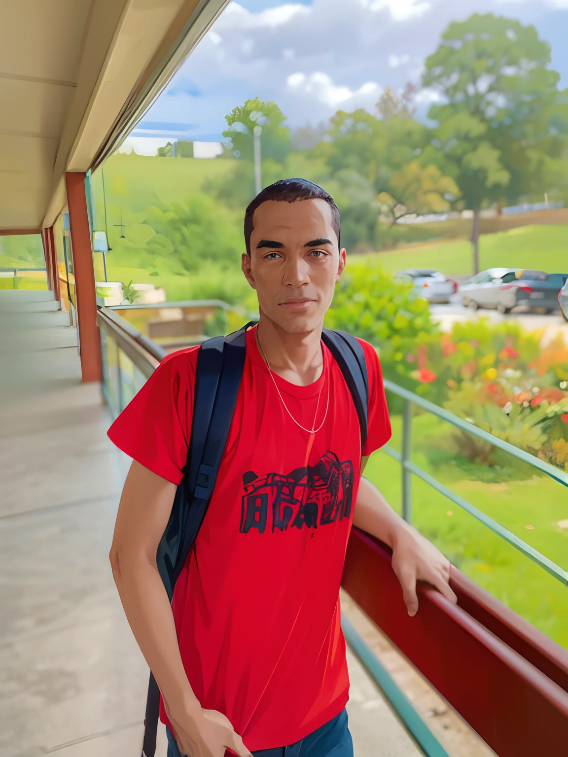 Man in red alone looking at camera wearing red inside a university