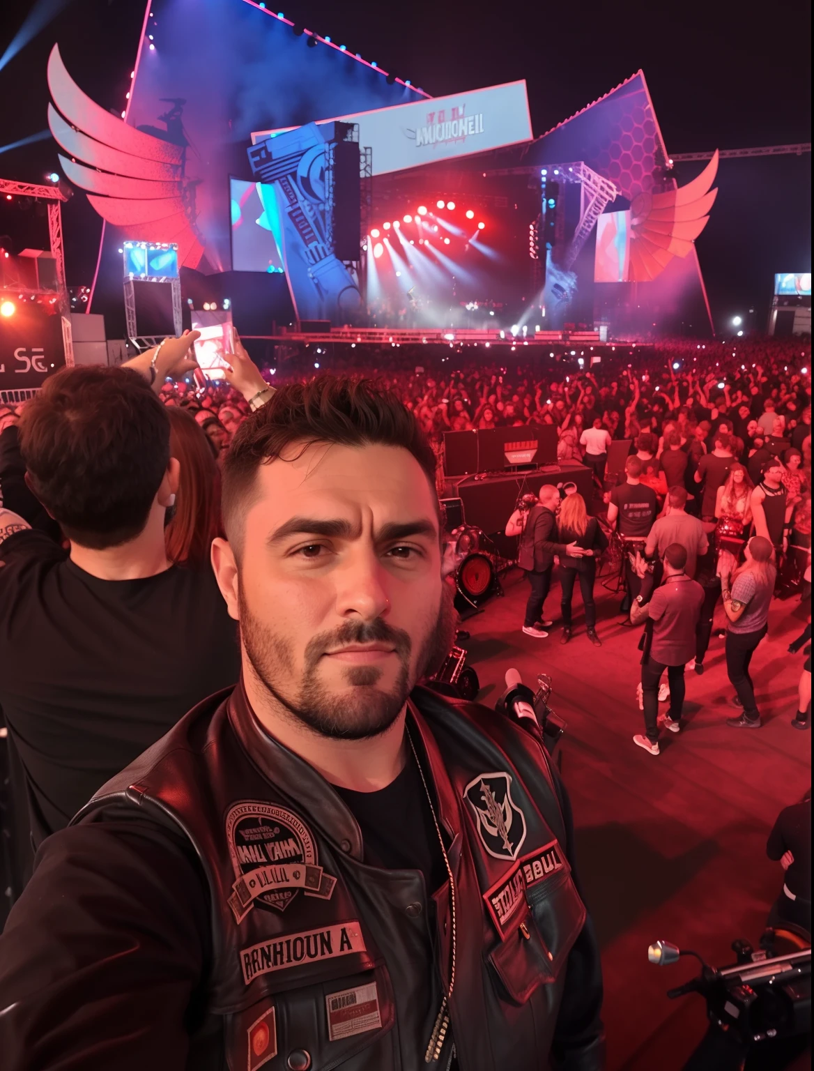 Man in leather vest standing in front of a crowd of people, imagem de qualidade muito baixa, no palco de concertos de rock, no palco, Fotografia selfie 8k, background is celestial, very epic atmosphere, big head on stage, foto selfie, concerto de heavy metal, in front of a large crowd, foto de baixa qualidade, no palco