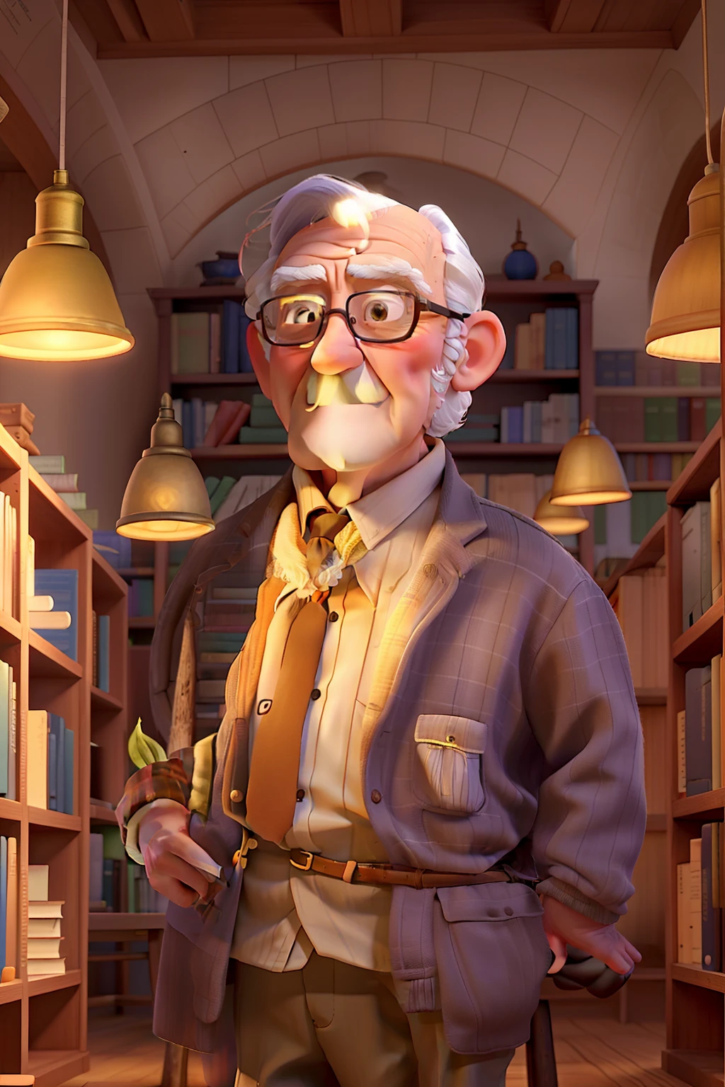 A wise old man standing in front, illuminated by the light of a lamp, against the backdrop of a library