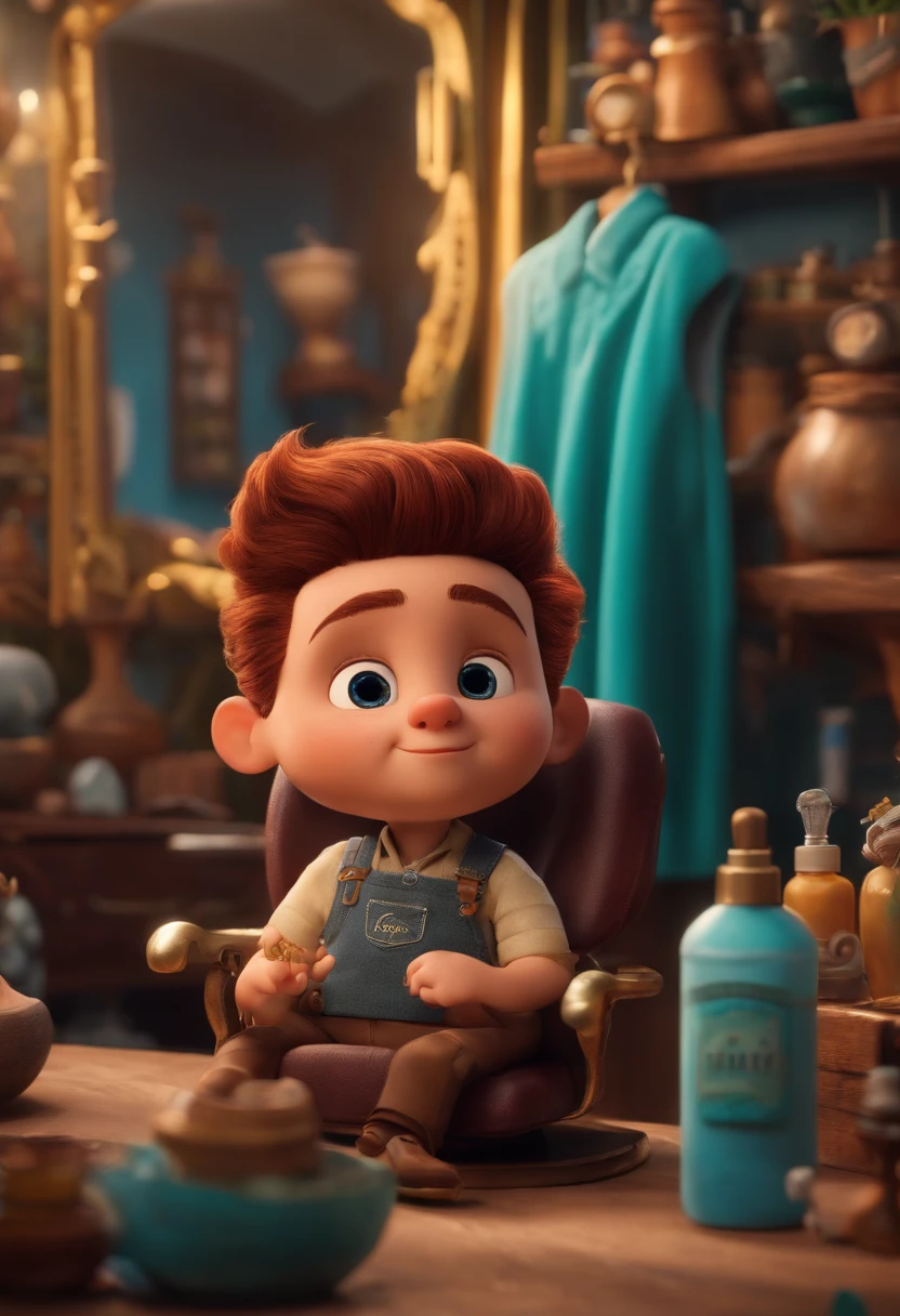 A Dream Barber Inspired by Pixar Animation, de perto. The character takes center stage with captivating facial expressions, oferecendo um toque de irrealidade, Cabelo curto e gordinho gradiente