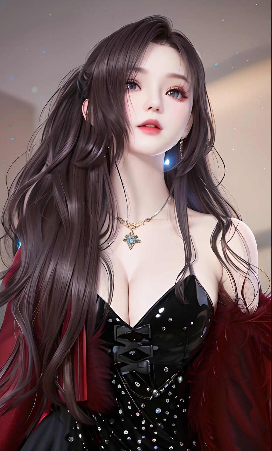 dynamic post,best quality, masterpiece, highres, 1girl, black frock, red jacket, medium length hair, brown hair colour, vevi hair,,necklace, jewelry,Beautiful face,upon_body, tyndall effect,photorealistic, dark studio, rim lighting, two tone lighting,(high detailed skin:1.2), 8k uhd, dslr, soft lighting, high quality, volumetric lighting, candid, Photograph, high resolution, 4k, 8k, Bokeh, lace underwear, same facial shape, black frock, feathery red jacket, hyper real estate, perfect detail face shape, beautiful eyes, curly hair, perfect detailed eyes, beautiful eyes,