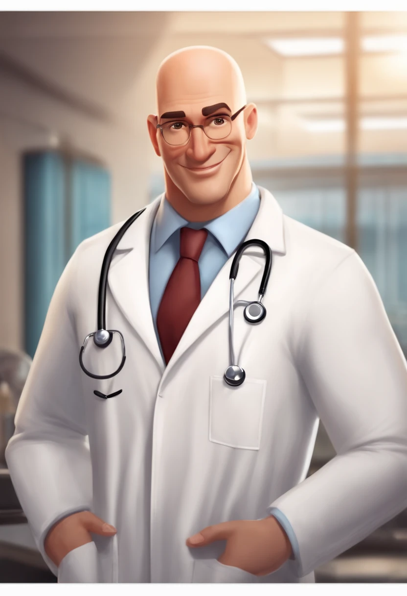 Personagem de desenho animado, estilo Pixar, Disney. Um homem de 47 anos, medic, wearing a doctor's lab coat, sem cabelos, careca (no hair, bald), Rosto ovalado, sorriso encantador, e olhos castanhos. The background of the image should be a doctor's office with a blurred background, profundidade de campo rasa, Cinematic light, luz suave, retroiluminado, micro-detalhes, renderizado, fotorrealista, cinemactic, 85mm 1.4.
