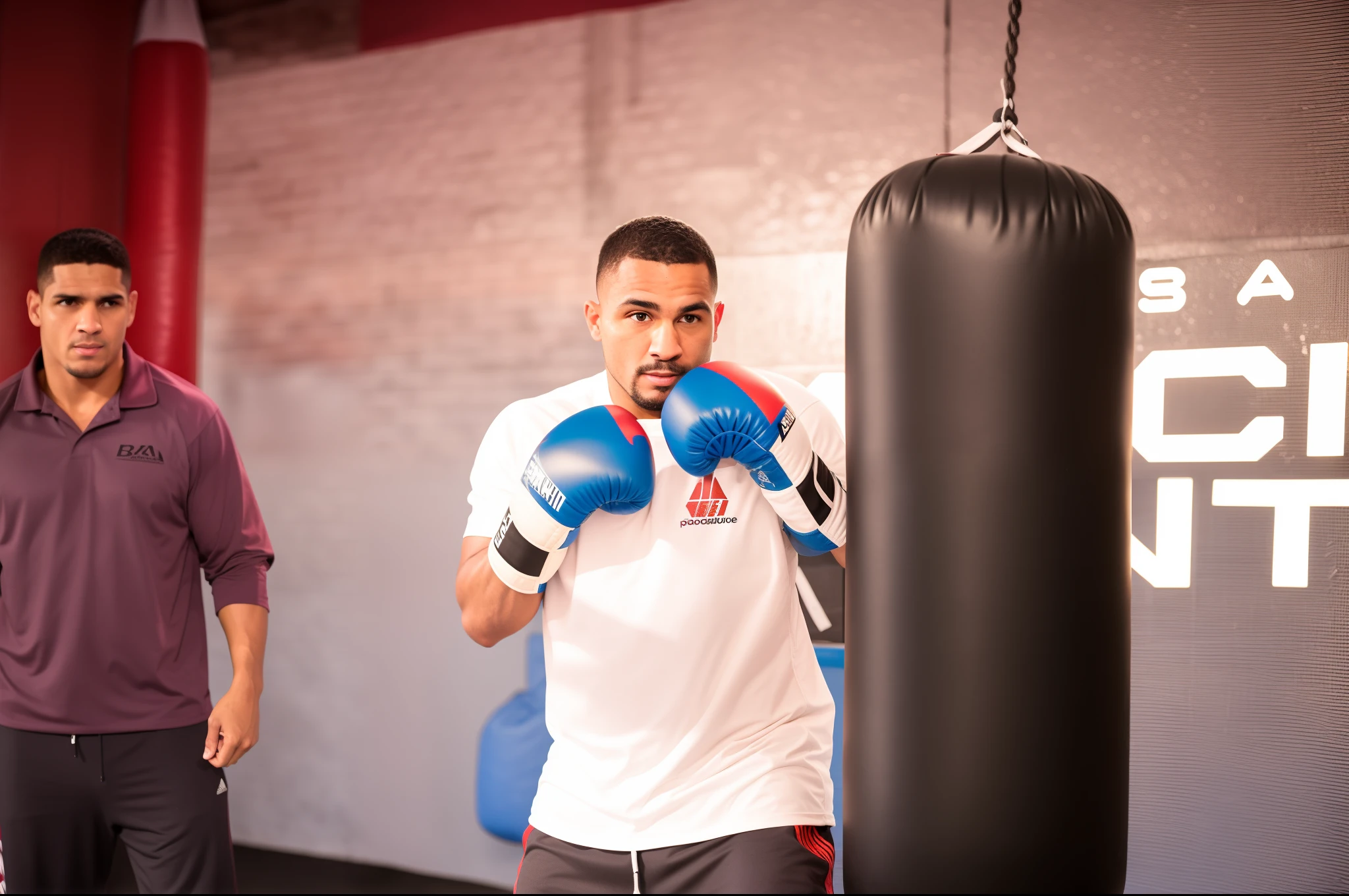 There's a man standing next to a punching bag, postura do boxe, em um ringue de boxe, Kickboxe, socando em um saco, punching, boxe, soco nocaute, 1614572159, ringue de boxe, Alex Miranda, Directed by: Emma Andijewska, 188216907, luta de boxe