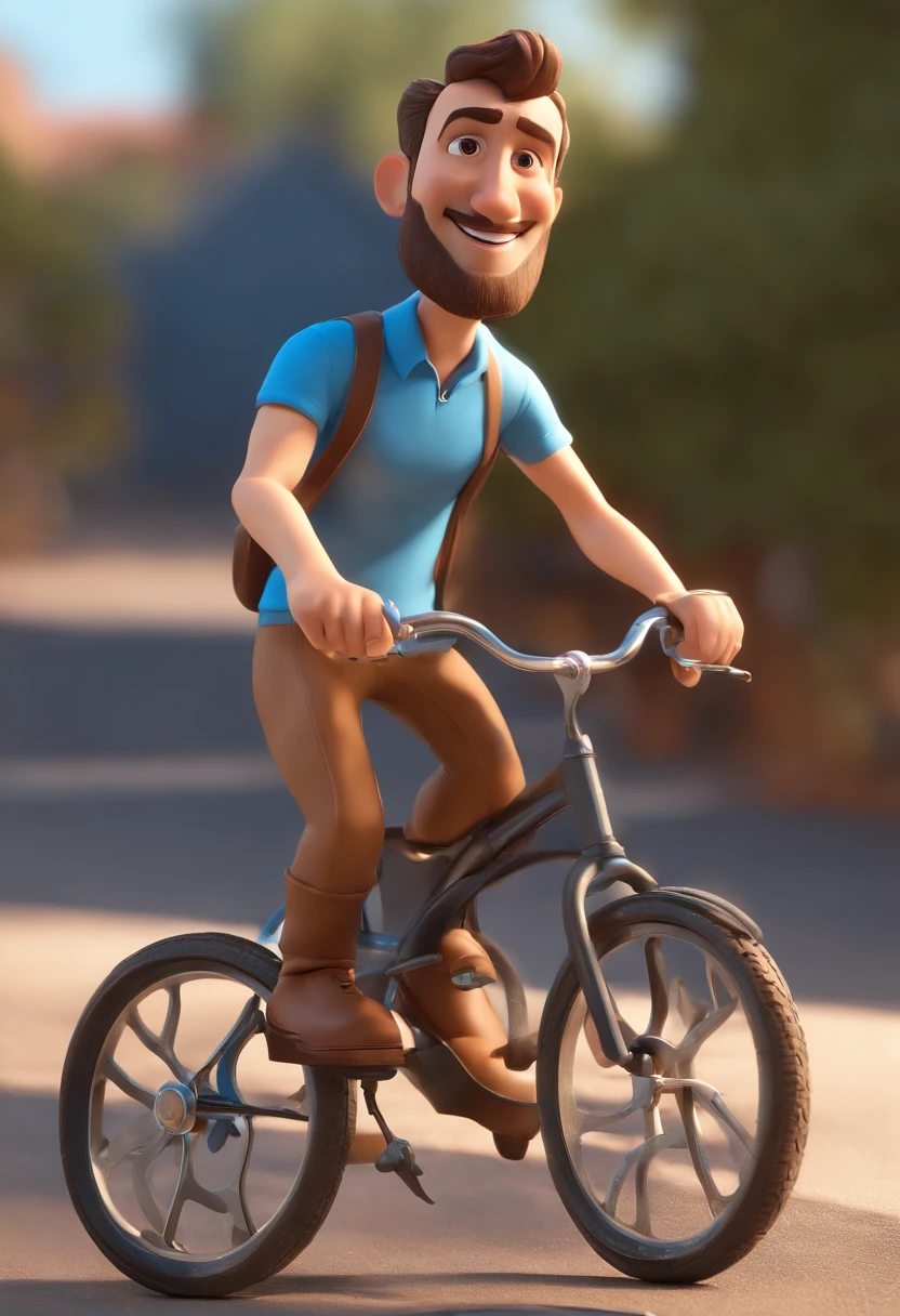 personagem dos desenhos animados de um homem de barba e cavanhaque uma camisa azul curta esperando uma bicicleta , animation character, Caractere estilizado, animation style rendering, 3D estilizado, Arnold Maya render, 3 d render stylized, toon render keyshot, Personagem 3D, Personagem 3D, 3d rendering stylized, 3 d character render, personagem de desenho animado, Personagem de close up, Pose de personagem,  (Estilo Pixar) (master part:1.2) (Bokeh) (best quality) (pele detalhada) (textura detalhada) (8k) (argila) (Cinematic lighting) (foco nítido