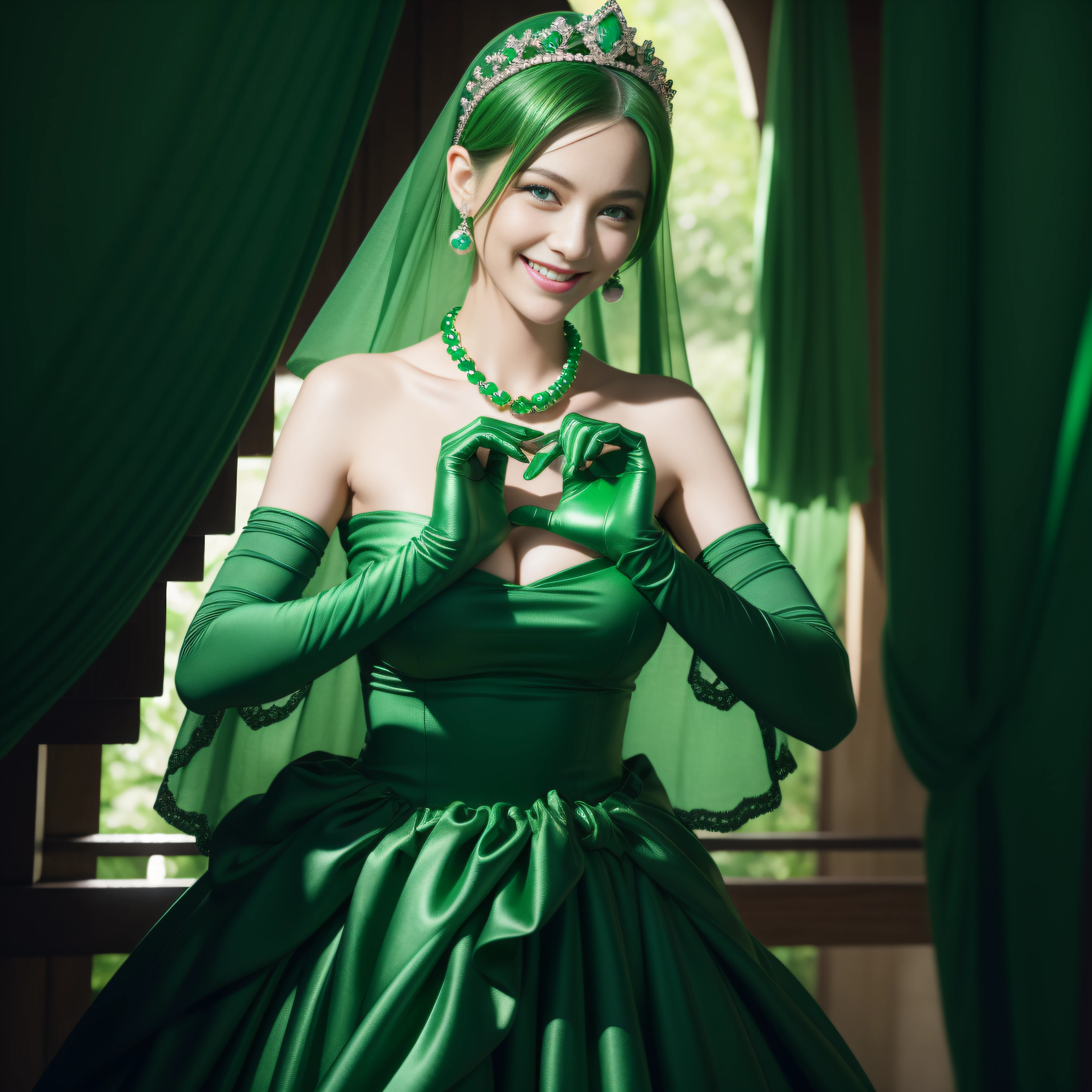 emerald tiara, Green Pearl Necklace, Boyish very short green hair, lipsticks, Japan woman smiling, very short short hair, big breasts beautiful, Green eyes, Long green gloves made of satin material, Green eyes, Emerald Earrings, green vale, Heart with both hands