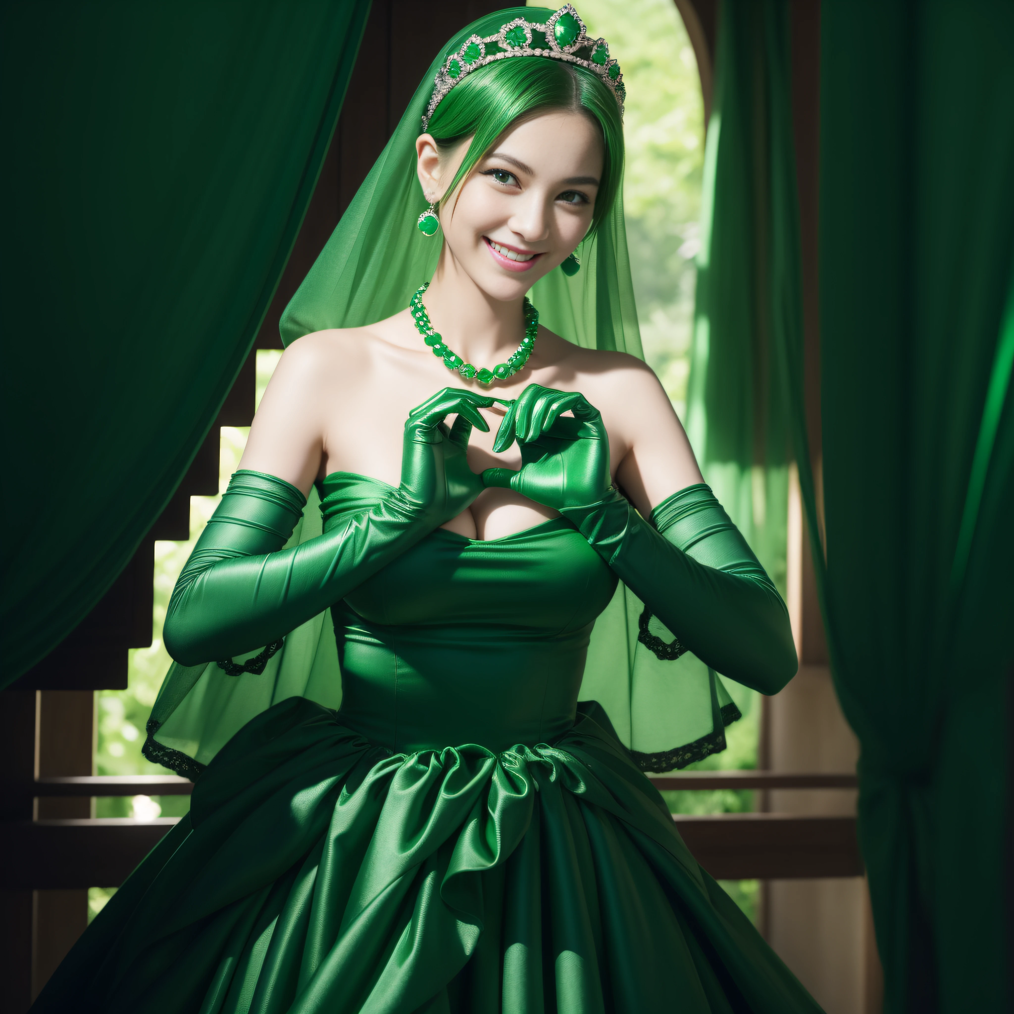 emerald tiara, Green Pearl Necklace, Boyish very short green hair, lipsticks, Japan woman smiling, very short short hair,  big breasts beautiful, Green eyes, Long green gloves made of satin material, Green eyes, Emerald Earrings, green vale, Heart with both hands