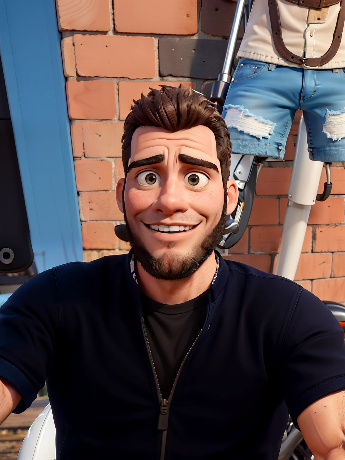 master part, best quality, jovem de barba curtacabelos pretos com topete, vestindo uma jaqueta de couro e jeans preto, ao lado de sua motocicleta