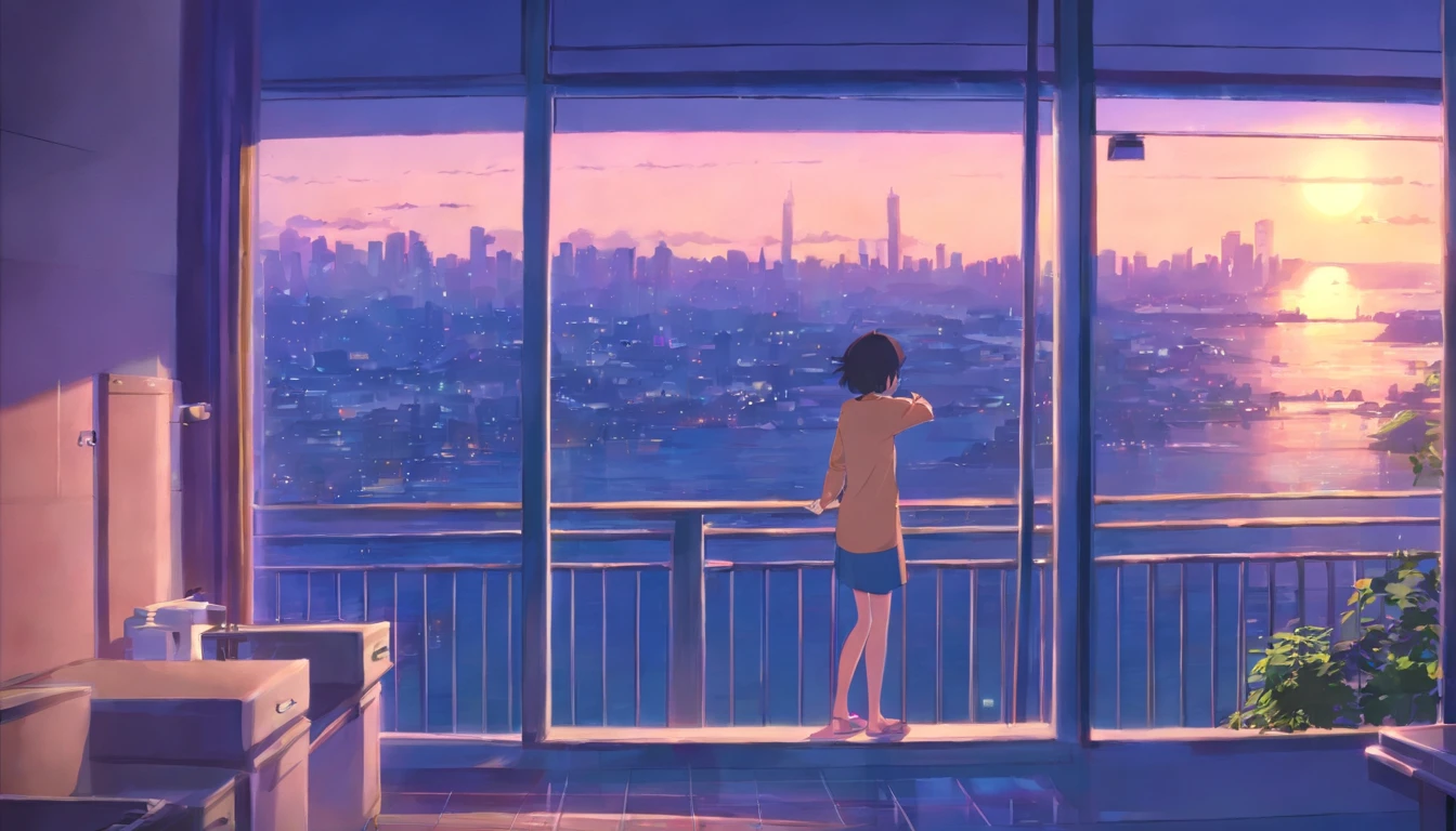 portlate、512、Lo-Fi(Lo-Fi)、getting undressed to take a shower、City view outside the window、Early evening、Pastel colors、Painting, 18 years old.