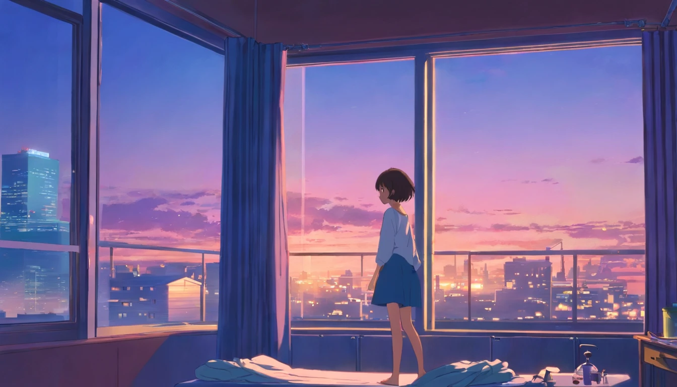 portlate、512、Lo-Fi(Lo-Fi)、getting undressed to take a shower、City view outside the window、Early evening、Pastel colors、Painting, 18 years old.
