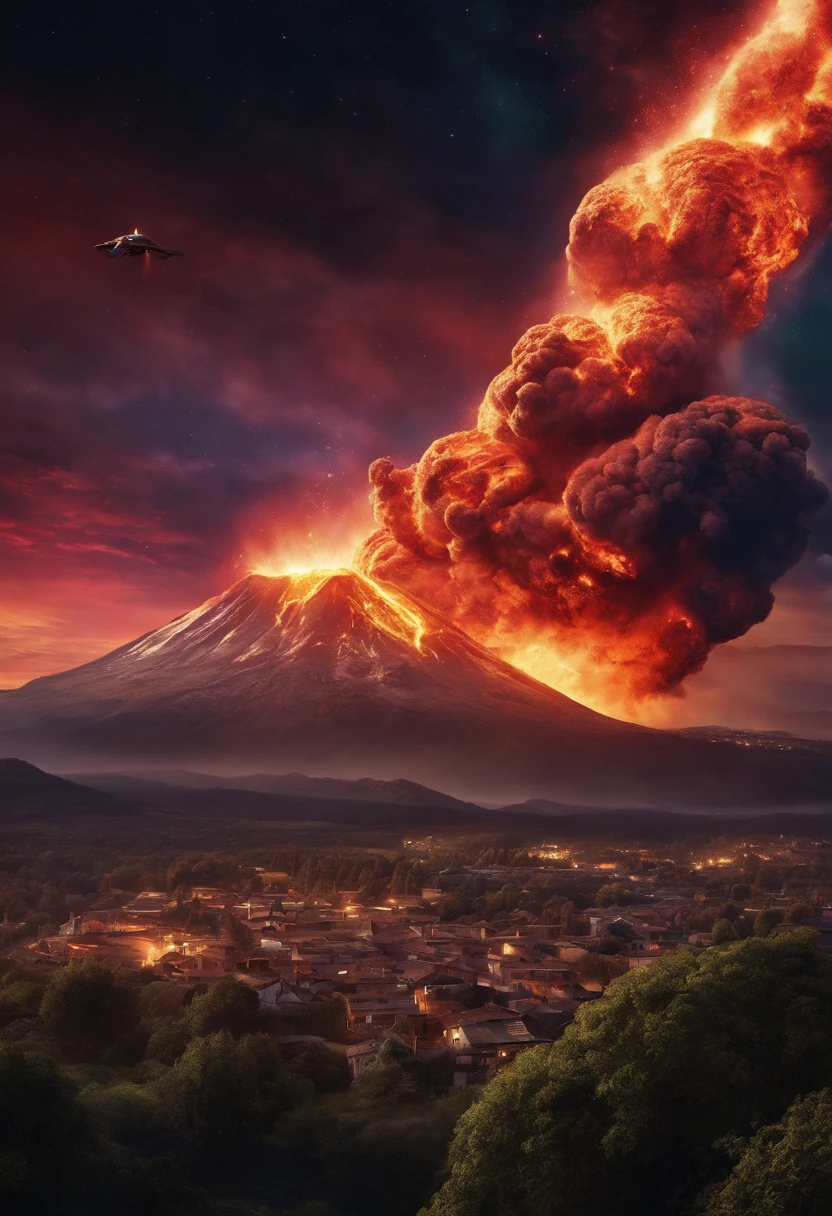 A small town in space with pizza flying through the sky and volcanoes exploding behind