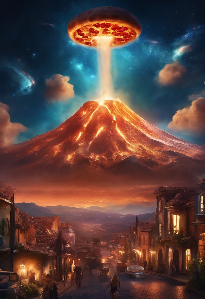 A small town in space with pizza flying through the sky and volcanoes exploding behind
