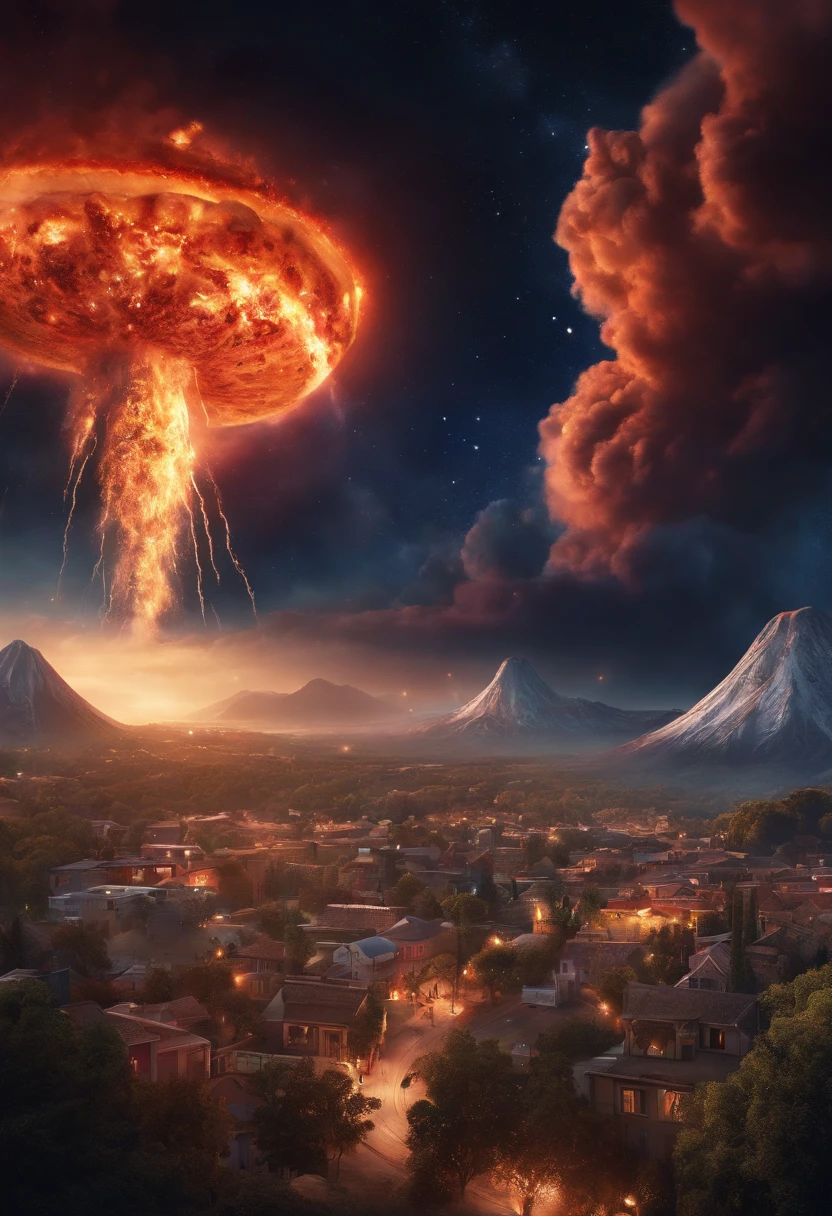 A small town in space with pizza flying through the sky and volcanoes exploding behind