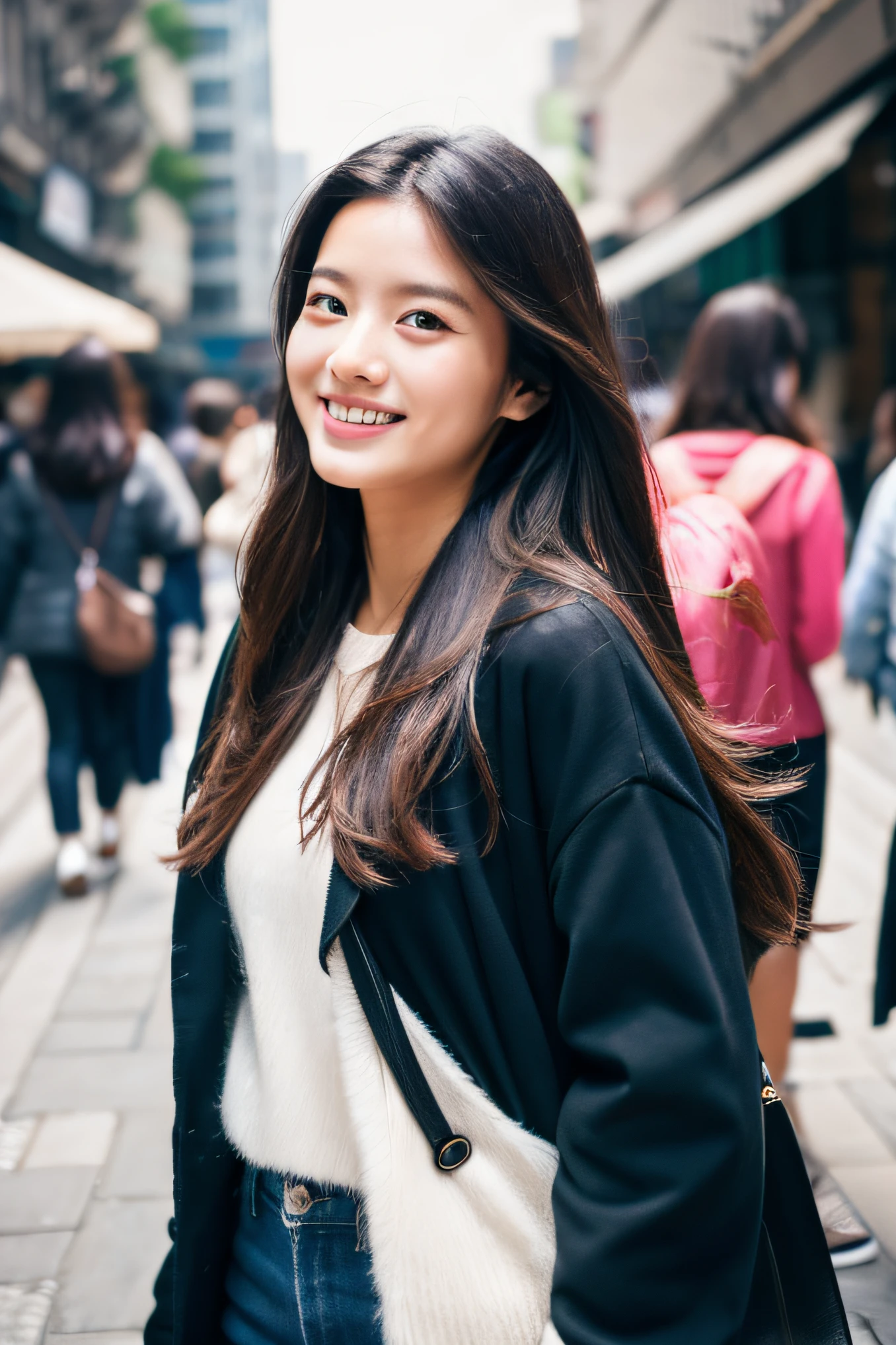 1 Girl using a smartphone in the street at noon、walking in the street、Walking、Gaze to the side、A delightful、Beautie、Tremendously beautiful、dual、A slender、a smile、The long-haired, high quality image, high resolution in detail, try-x, ISO1600, super realistic photo, fine skins, fine hair, 135mm lens