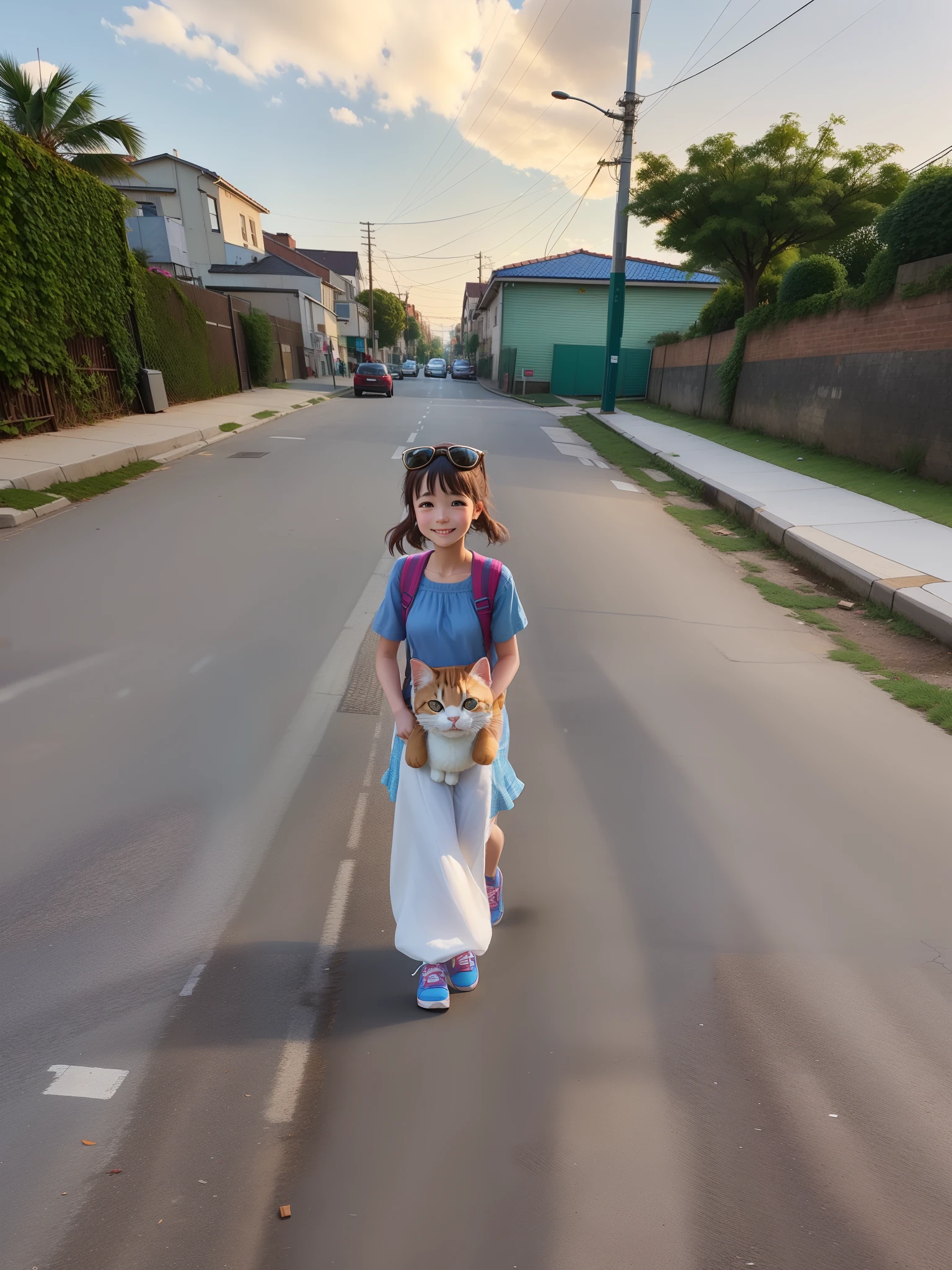 There's a girl walking down the street with a charming smile, with your stuffed cat.
