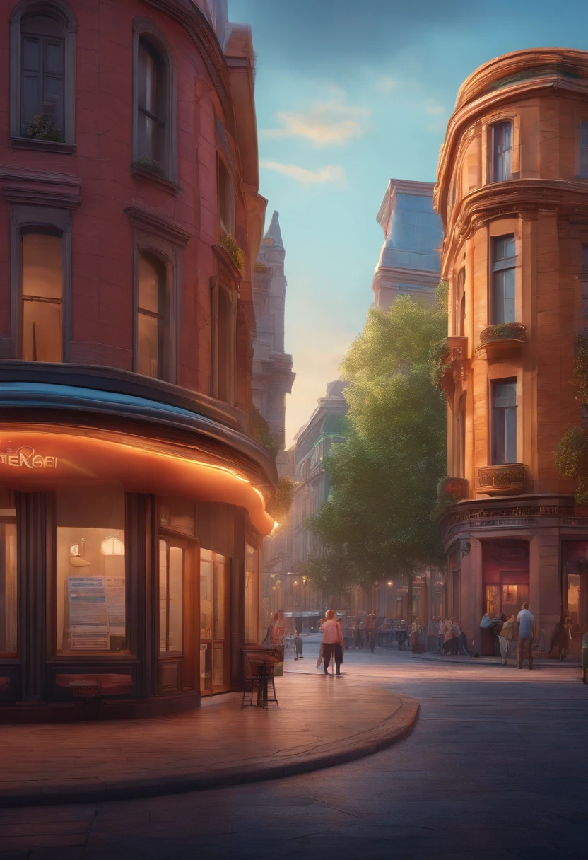 Pixar 3D style drawing of a slimming clinic in the city center with a character in the foreground