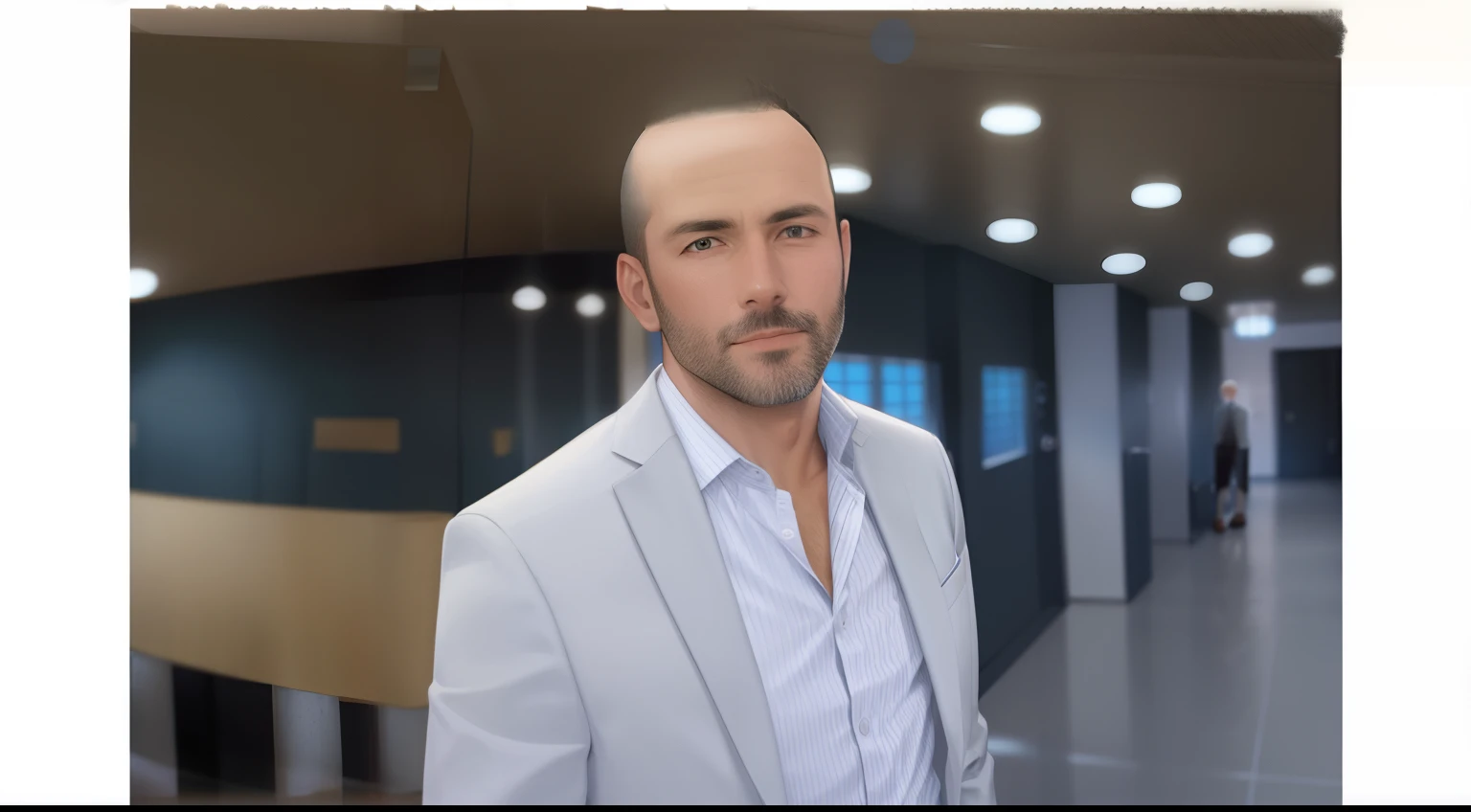 There's a man in a suit standing in a hallway