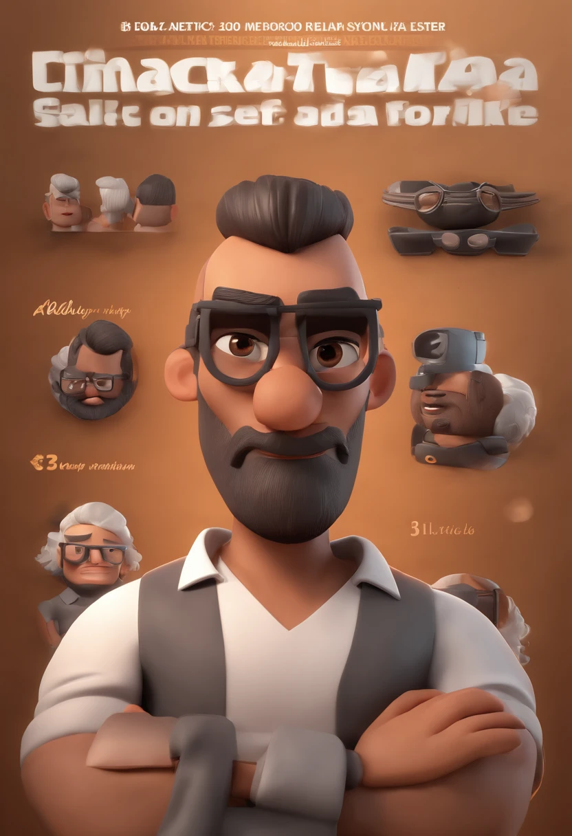 Cartoon character of a man with black glasses, cabelo curto marrom de barba ruiva e uma camisa preta, animation character, Caractere estilizado, animation style rendering, 3D estilizado, Arnold Maya render, 3 d render stylized, toon render keyshot, Personagem 3D, Personagem 3D, 3d rendering stylized, 3 d character render, personagem de desenho animado, Personagem de close up, Pose de personagem, (Estilo Pixar) (master part:1.2) (Bokeh) (best quality) (pele detalhada) (textura detalhada) (8k) (argila) (Cinematic lighting) (foco nítido