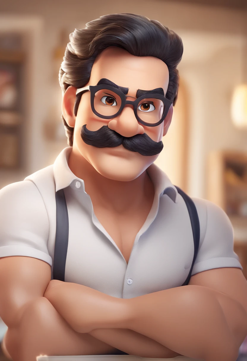 ((best quality)), ((master part)), ((desenhos animados realistas)), ((Personagem perfeito)) - Um retrato frontal meticulosamente detalhado e realista de um homem com cabelo raspado, glasses and a shirt with beautiful textures. O homem olha diretamente para o espectador, Establish a strong and confident presence. The image captures their distinctive facial features, accurately showing the brightness of your eyes and the design of your glasses. The black shirt is rendered with fine details, aumentando o profissionalismo do retrato. Enviado para documentos oficiais, this portrait is presented in impressive 8K UHD resolution, Ensure clarity and unique protection.