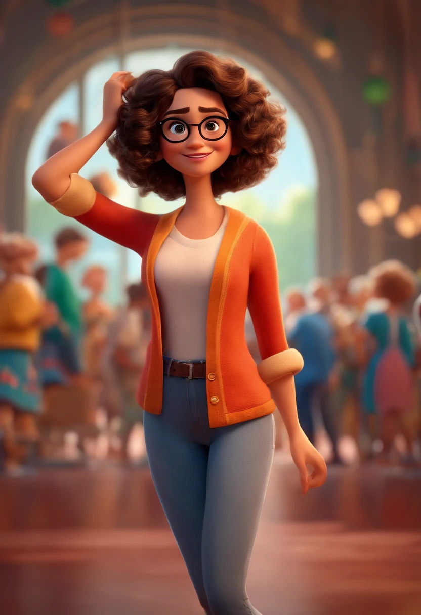 Pixar style image with 3D character white glasses brunette woman short curly hair dancing, Maquiagem Disney,Pescador, bonitinho, sorridente ,Close-up, Pixar, Disney, Cinema lighting,
