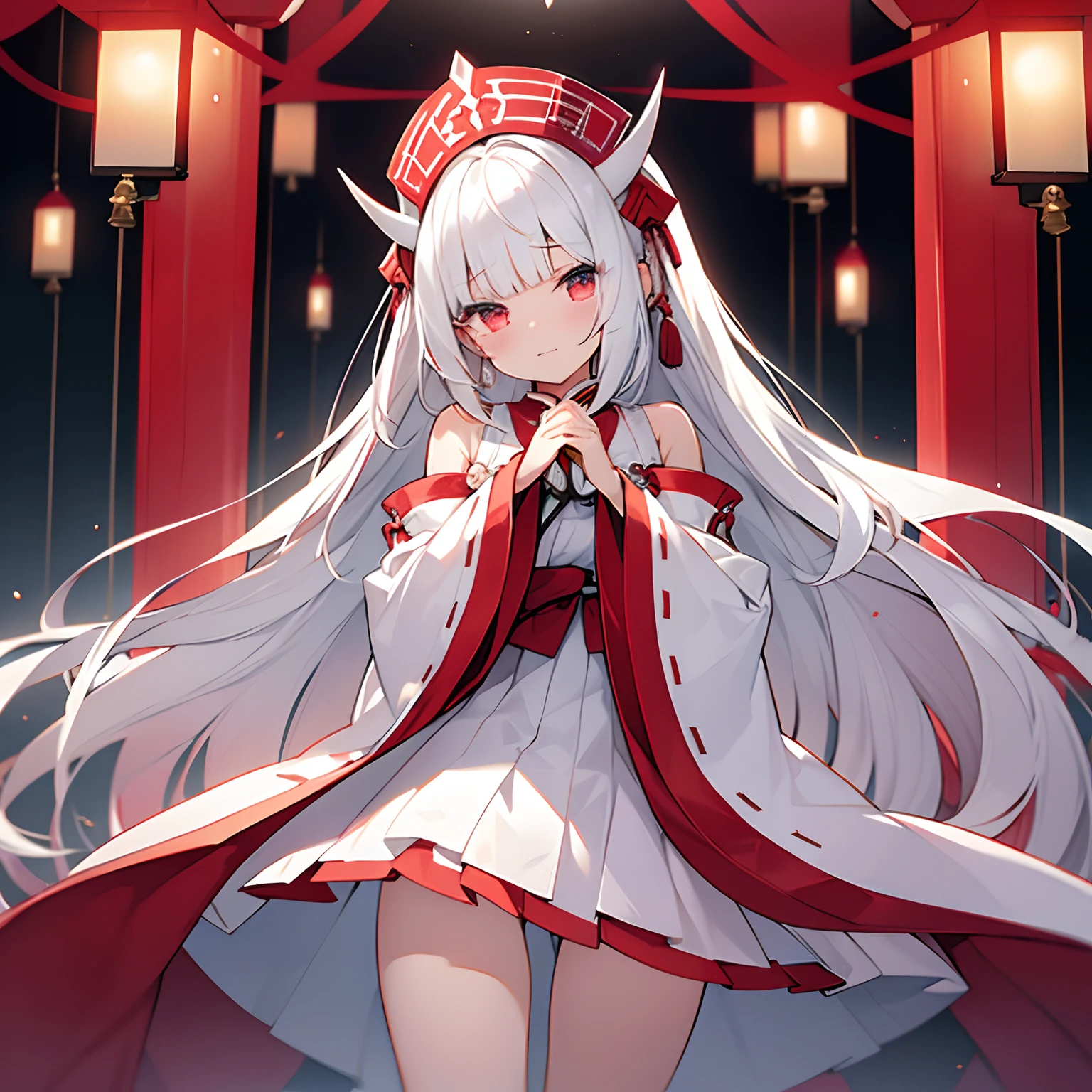 White hair、Pattsun bangs、Semi-long、de pele branca、White, red clothes、shrine maiden clothe、Gorgeous clothes、a miniskirt、fantasy outfit、Hands of the pieces、Crying face、2 white horns