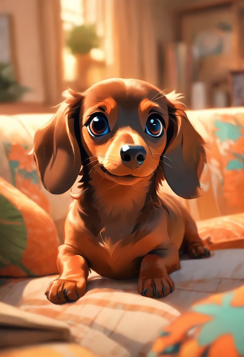 （the whole body is brown：1.8），Brown miniature dachshund，on a couch，Looking at the camera，（Face bow：1.5），Looks like a lot of fun，biologically correct、Healing Poses