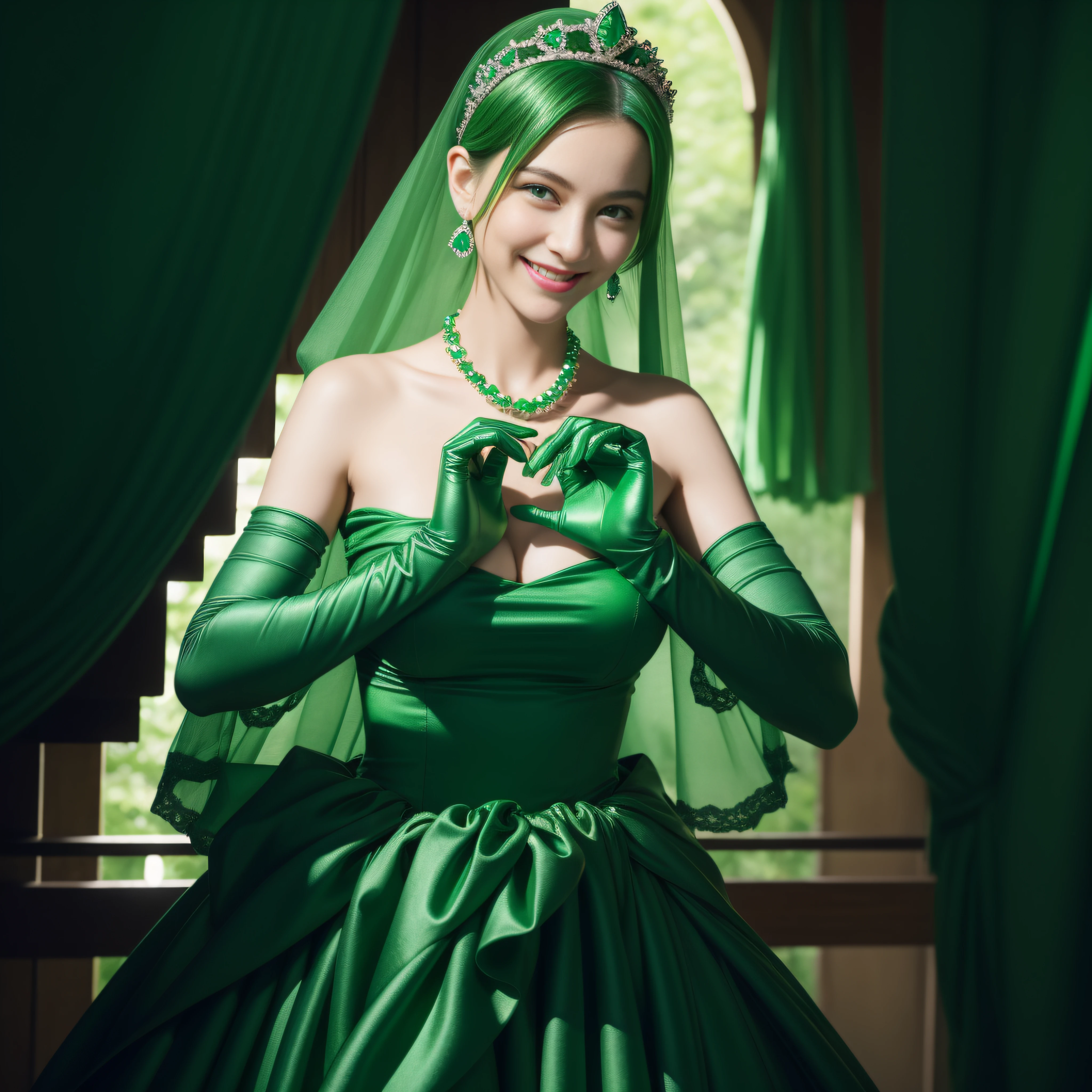 emerald tiara, Green Pearl Necklace, Boyish very short green hair, lipsticks, Japan woman smiling, very short short hair,  big breasts beautiful, Green eyes, Long green gloves made of satin material, Green eyes, Emerald Earrings, green vale, Heart with both hands