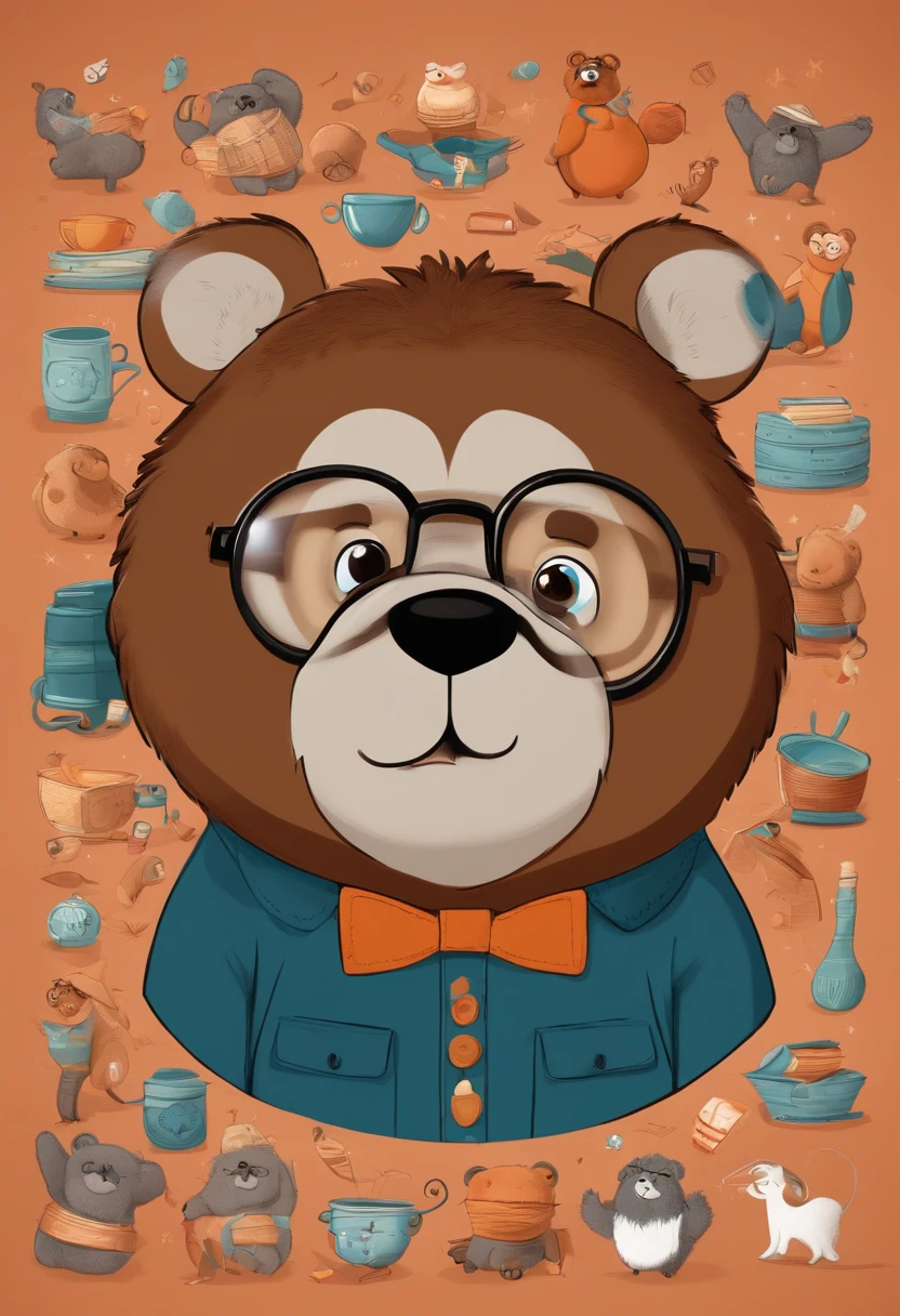 Menino estilo desenho animado, Pixar, wearing round glasses, segurando um urso de pelucia, roupa de escoteiro,