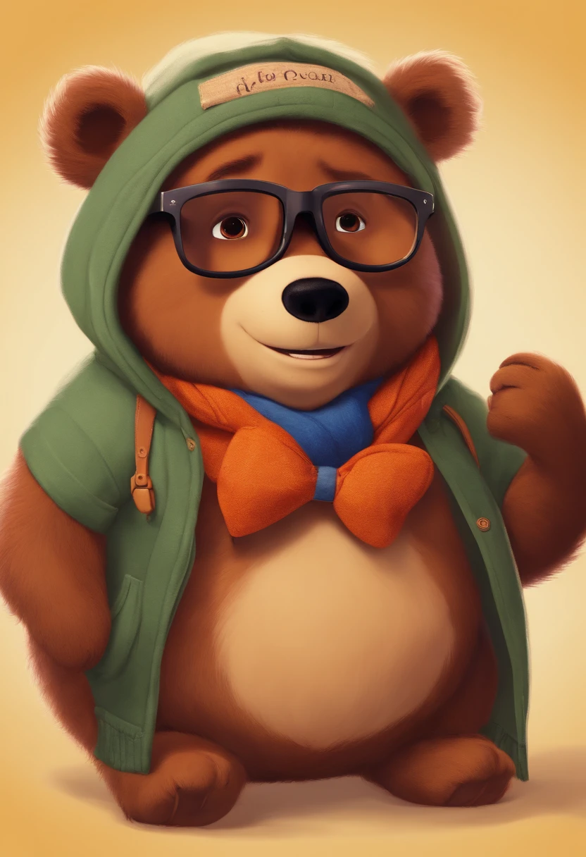 estilo desenho animado, Pixar, wearing round glasses, segurando um urso de pelucia, roupa de escoteiro,