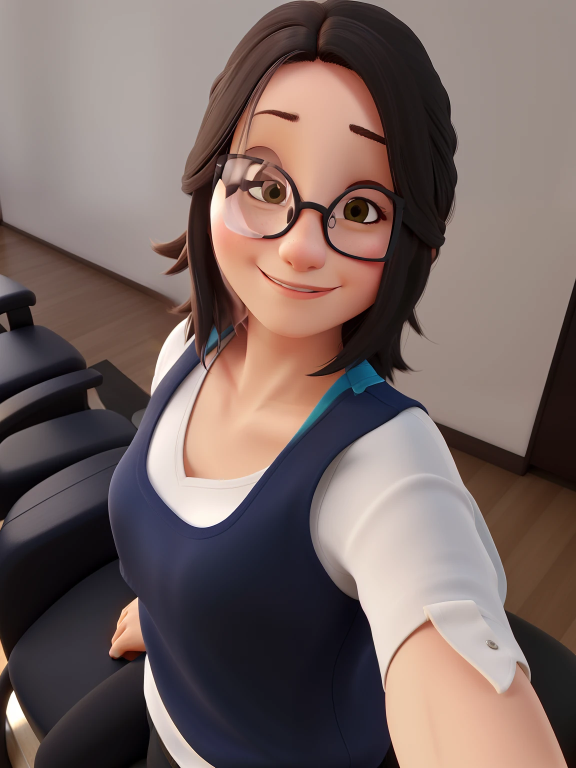 Beautiful woman, 40 anos, cabelo castanho liso, olhos castanhos escuros, glasses, vestindo uma camiseta com um gato desenhado nela