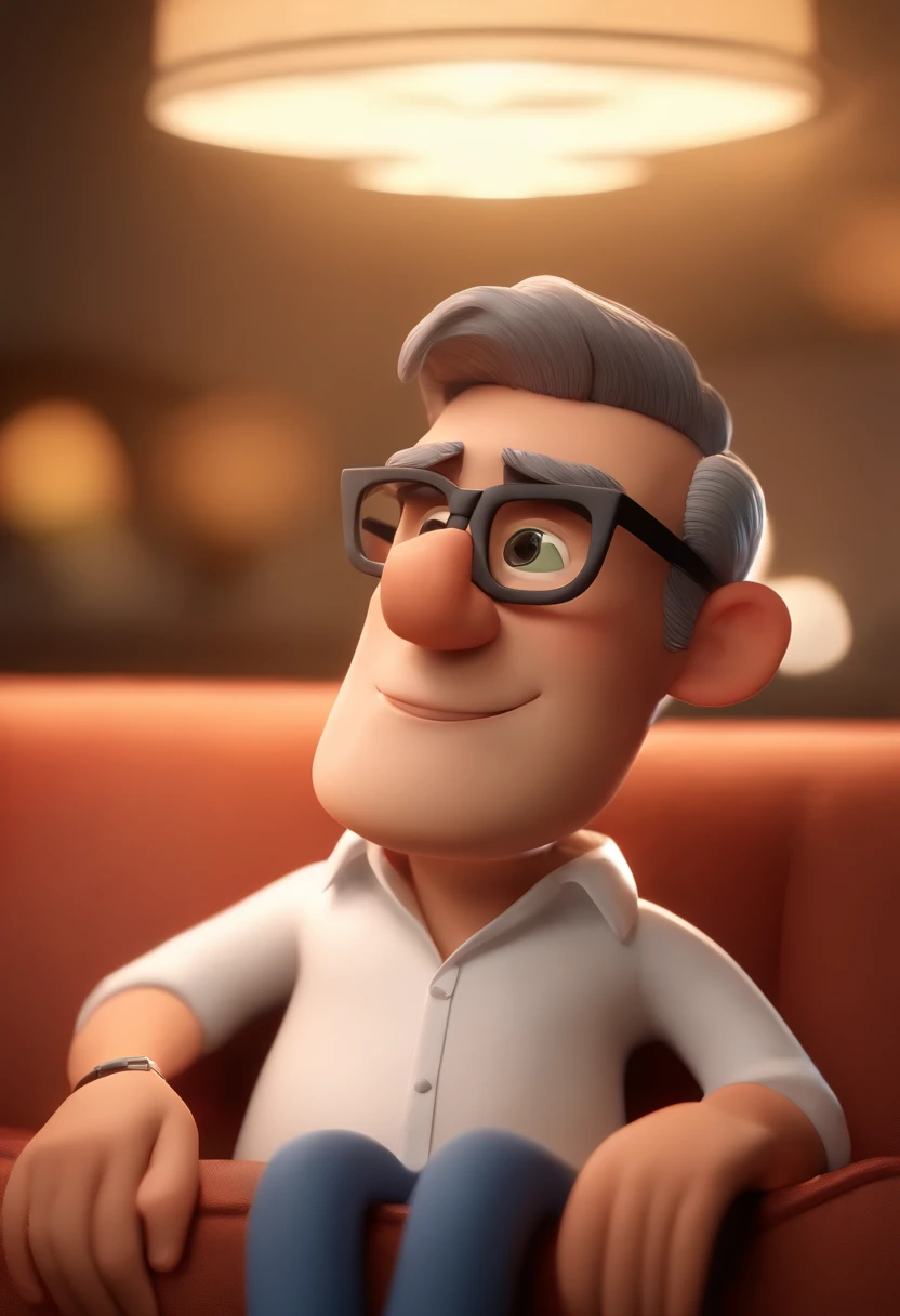 Cartoon character of a man with black glasses and a white shirt with silver collar,seated in a couch, animation character, Caractere estilizado, animation style rendering, 3D estilizado, Arnold Maya render, 3 d render stylized, toon render keyshot, Personagem 3D, Personagem 3D, 3d rendering stylized, 3 d character render, personagem de desenho animado, Personagem de close up, Pose de personagem, (Estilo Pixar) (master part:1.2) (Bokeh) (best quality) (pele detalhada) (textura detalhada) (8k) (argila) (Cinematic lighting) (foco nítido