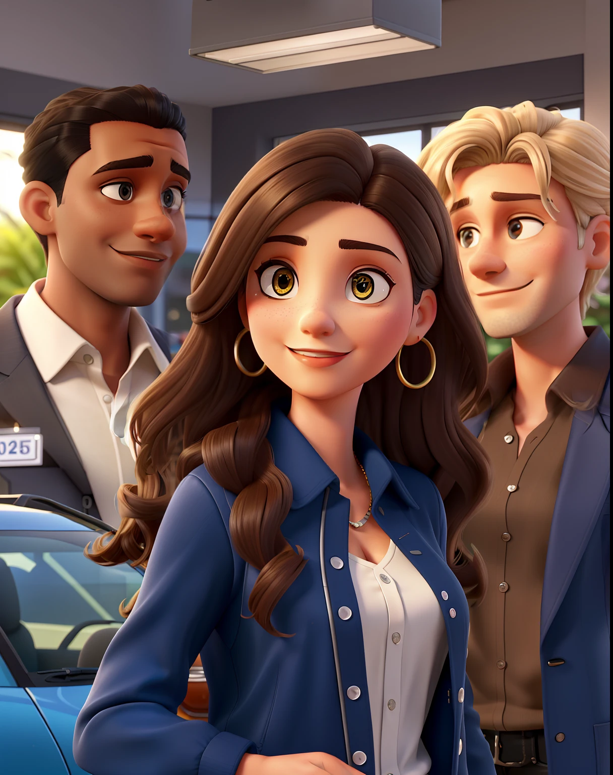 A blonde saleswoman with long curly hair, a brunette saleswoman with straight brown hair, and a dark-skinned man with black hair. VW dealership, with shiny cars displayed under bright showroom lighting. Vibrant colors and realistic details bring out the best quality of the scene. The artwork is created using oil painting techniques, showcasing meticulous brushstrokes and textures. The composition includes the dealership building with large glass windows and a welcoming entrance; the salespeople interacting with customers, discussing features and benefits; the cars arranged in an organized and appealing manner, highlighting their sleek designs and polished surfaces. The overall atmosphere exudes professionalism and expertise, with the sales team wearing smart, stylish outfits and presenting their product knowledge with confidence. The contrasting hair textures and colors of the salespeople add visual interest to the composition. The lighting is well-balanced, with natural sunlight streaming through the windows, casting subtle shadows and enhancing the three-dimensional feel of the scene. The color palette is vibrant, with lush greenery surrounding the dealership, blue skies overhead, and the cars' vivid hues standing out against the backdrop. This artwork captures the essence of a VW dealership, showcasing the friendly staff, impressive range of cars, and a pleasant buying experience.