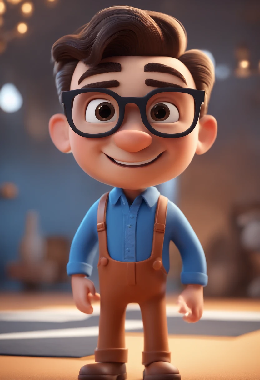 Cartoon character of a man with black glasses and a blue shirt, animation character, Caractere estilizado, animation style rendering, 3D estilizado, Arnold Maya render, 3 d render stylized, toon render keyshot, Personagem 3D, Personagem 3D, 3d rendering stylized, 3 d character render, personagem de desenho animado, Personagem de close up, Pose de personagem,  (Estilo Pixar) (master part:1.2) (Bokeh) (best quality) (pele detalhada) (textura detalhada) (8k) (argila) (Cinematic lighting) (foco nítido