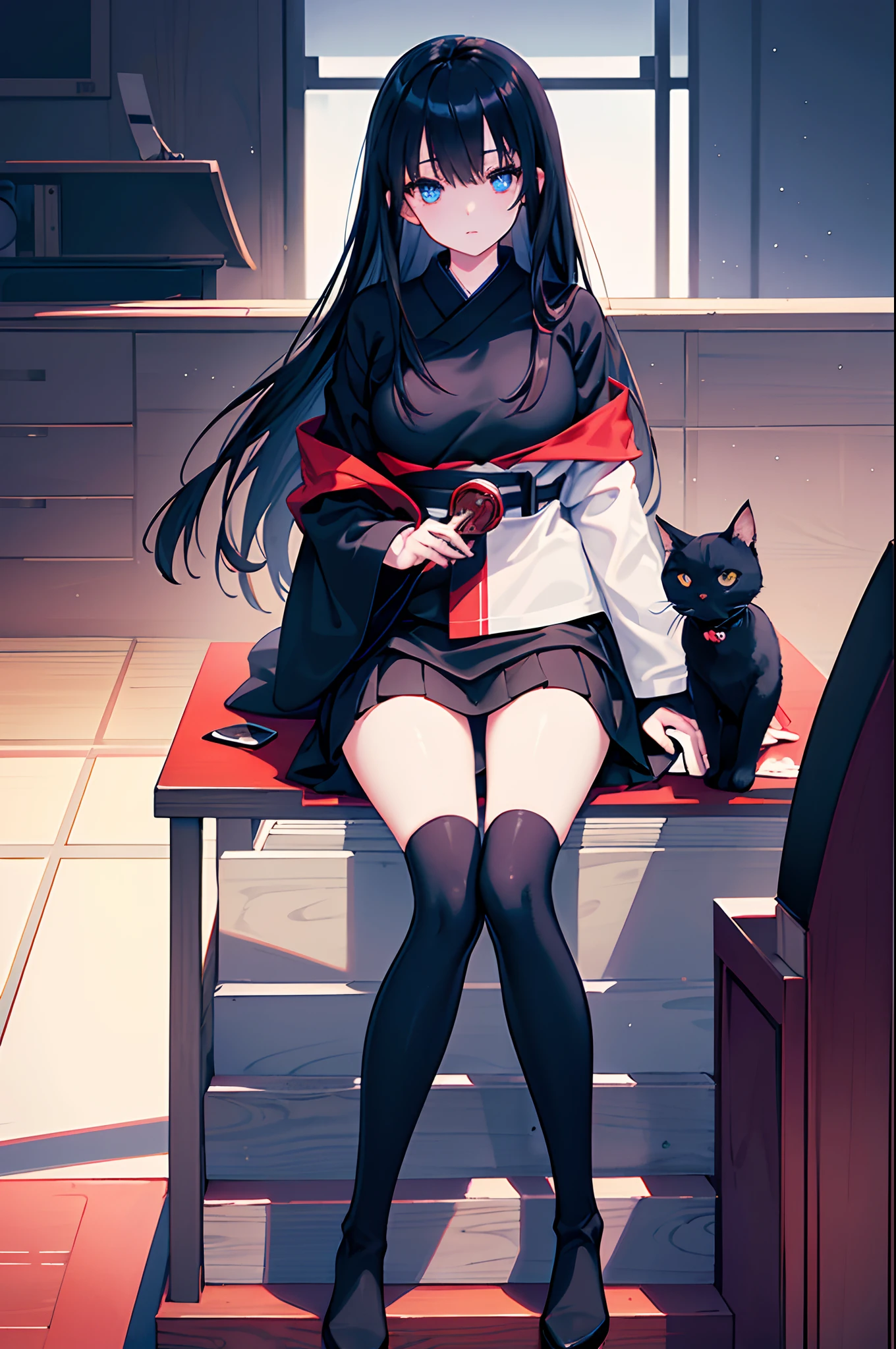 A dark-haired blue eyess Sweaters Black miniskirt Black tights long boots Red coat Japanese houses New Year Torch Cuddle the cat masterpiece Top image quality Clear Parts Cinematic Shadows Increased attractiveness of the eyes Clear the shine of the eyes Draw eyelashes neatly Perfect Eye A detailed eye Sharpen image quality Sharpen eye writing Clear eye shape