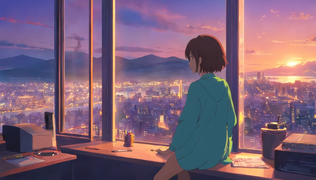 portlate、512、Lo-Fi(Lo-Fi) girl, 18 years old、fully naked、City view outside the window、Early evening、Pastel colors、Painting, 18 years old.