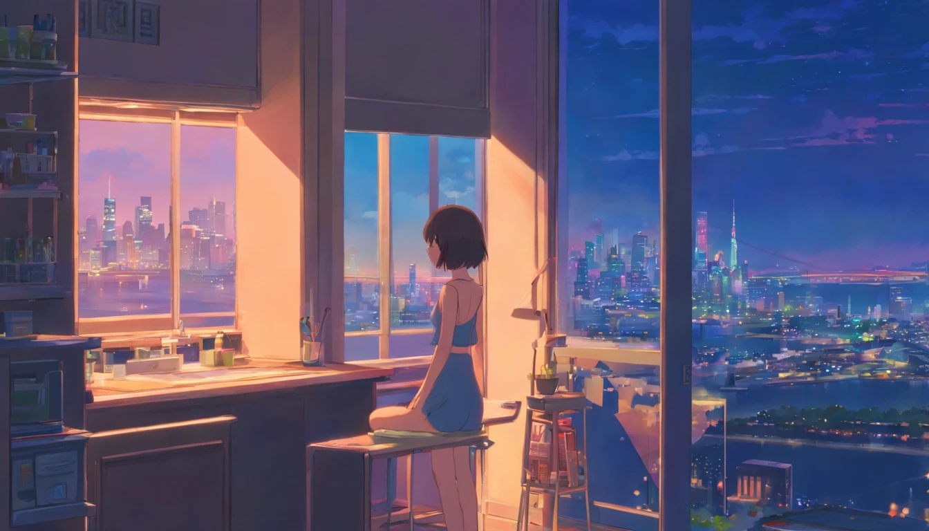 portlate、512、Lo-Fi(Lo-Fi) girl, 18 years old、fully naked、City view outside the window、Early evening、Pastel colors、Painting, 18 years old.