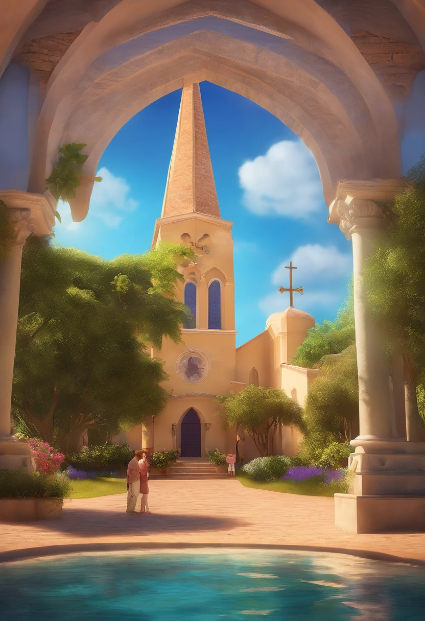 A Disney
Pixar-inspired movie poster with title (OASIS OF LOVE).
(Um grupo de adolecentes louvandi na igreja Assembleia de Deus, Behind the church) the scene should be in the distinct digital art style of