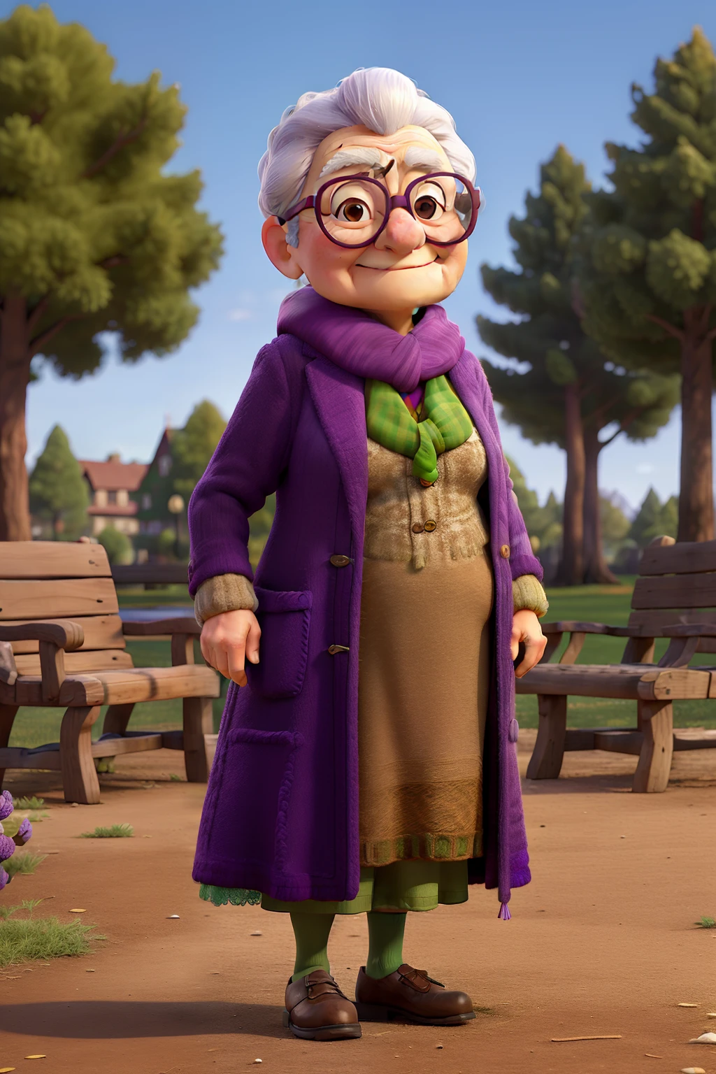 masterpiece, best quality, an old woman with glasses and a scarf on, wearing a purple coat and green scarf, standing at the park