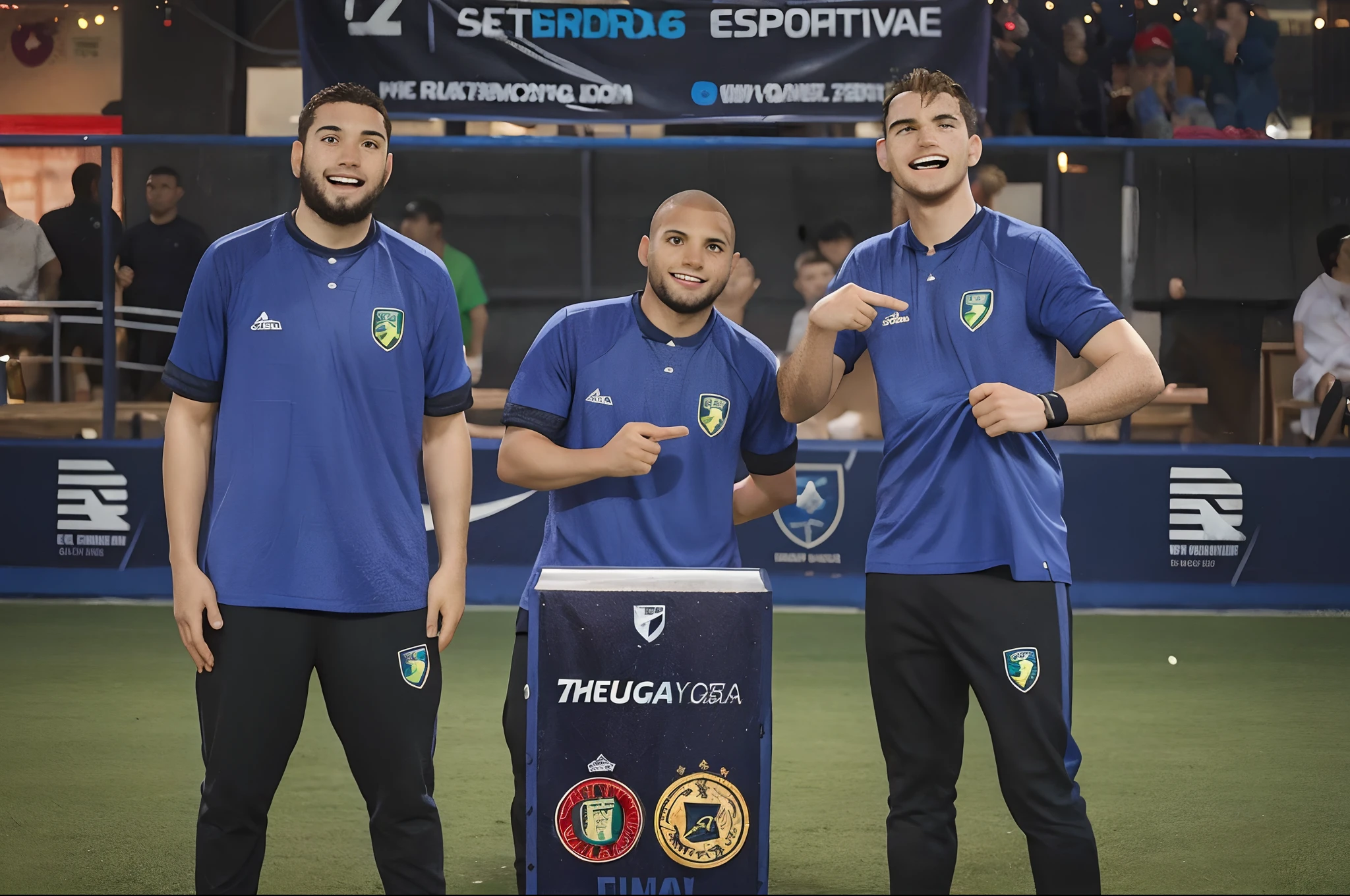 The image shows three friends on the soccer field celebrating yet another competition