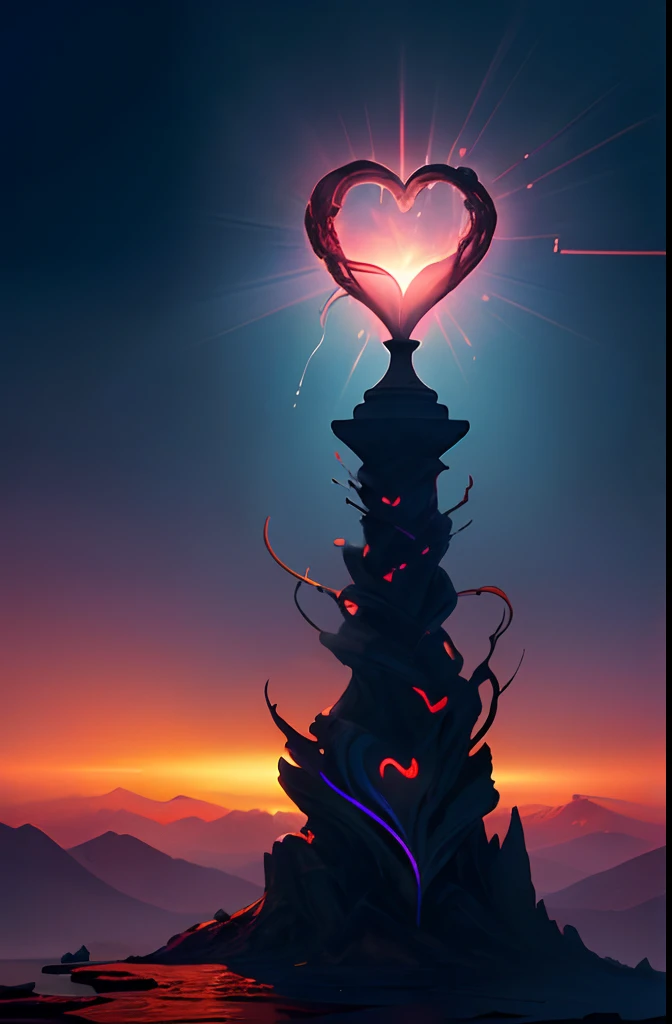 Create an image of a heart on a pedestal highlighted by a bright light, surrounded by dark, eerie darkness. In the style of digital illustration, inspired by Salvador Dali, the heart appears surreal, melting into the pedestal, with deep crimson hues and surreal distortions. The ambient temperature is cool, creating an otherworldly atmosphere. The heart's expression conveys a sense of melancholic longing. --v 5 --stylize 1000
