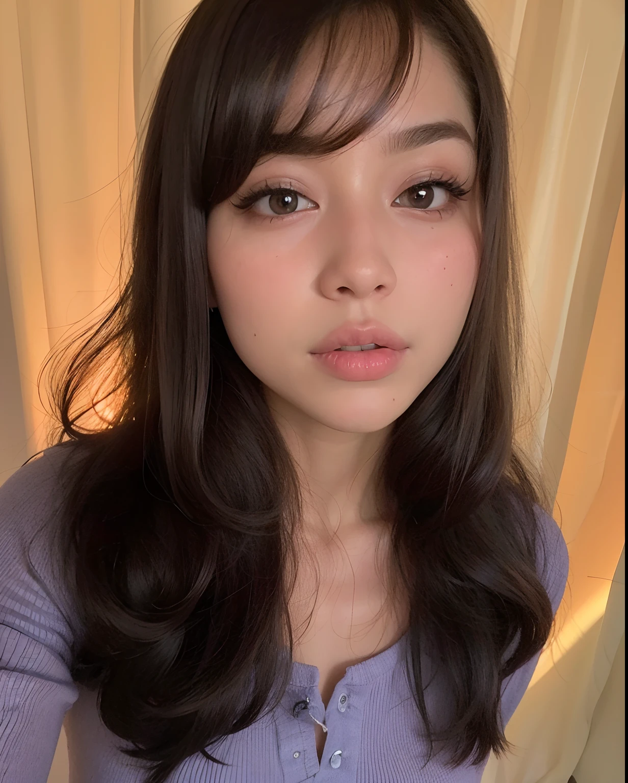 mulher arafed com longos cabelos pretos e uma camisa roxa, 🤤 retrato da , foto de perfil headshot, Pokimane, cindy avelino, com maquiagem profissional, linda Delphine, com rosto preciso, semi realismo, 18 anos, Asian face, beautiful aesthetic face, brilhante, ela tem um rosto bonito, 2 2 anos, rosto sexy com maquiagem completa