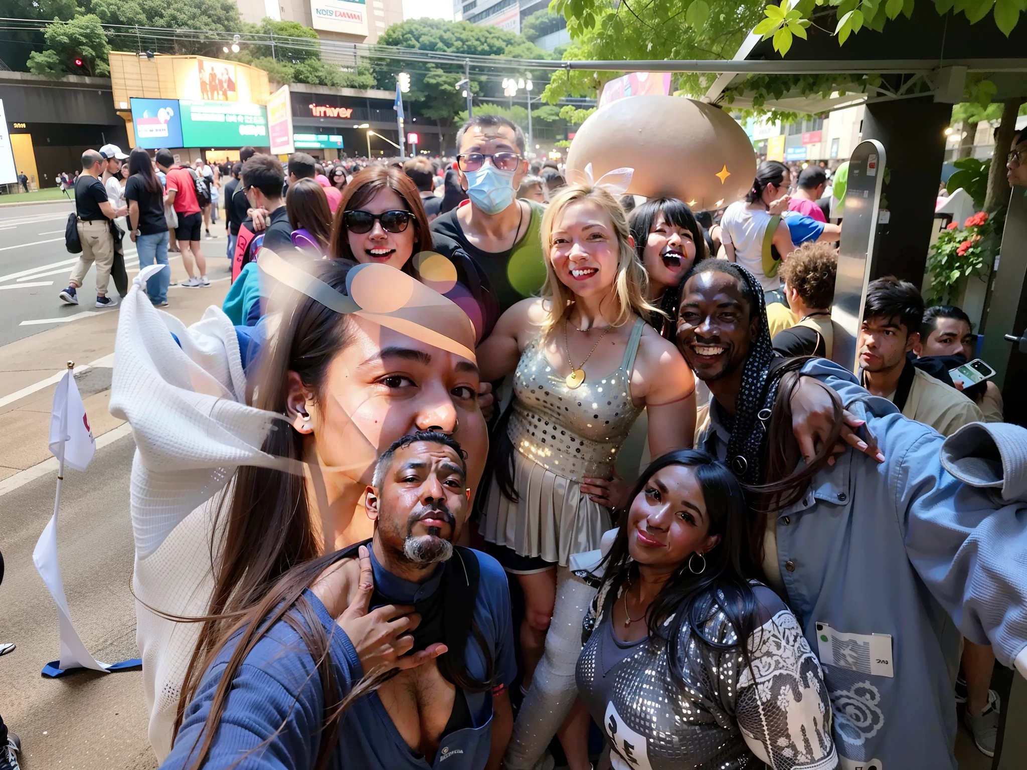 Several people are posing for a photo in a stadium, lots of revelers, Fotografia tirada em 2 0 2 0, foto do concerto, non blurry, foto de baixa qualidade, imagem de qualidade muito baixa, audience selfie, foto de perfil, um grupo de pessoas, divertindo-se, In Sao Paulo, foto de grupo, solid background, muita gente, pessoas curtindo o show