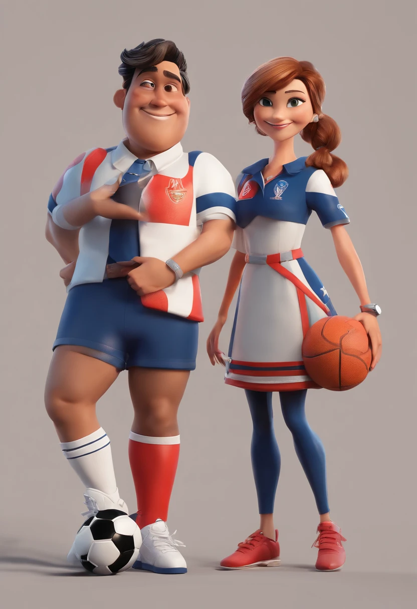 personagem dos desenhos animados de The image features a man and a woman standing together in a stadium, both wearing soccer jerseys. They are posing for a picture, likely enjoying a soccer game or event. The stadium is filled with other people, some of whom are also wearing soccer jerseys, indicating a shared interest in the sport. The atmosphere appears to be lively and social, with fans gathered to support their teams or simply enjoy the game., animation character, Caractere estilizado, animation style rendering, 3D estilizado, Arnold Maya render, 3 d render stylized, toon render keyshot, Personagem 3D, Personagem 3D, 3d rendering stylized, 3 d character render, personagem de desenho animado, Personagem de close up, Pose de personagem, (Estilo Pixar) (master part:1.2) (Bokeh) (best quality) (pele detalhada) (textura detalhada) (8k) (argila) (Cinematic lighting) (foco nítido