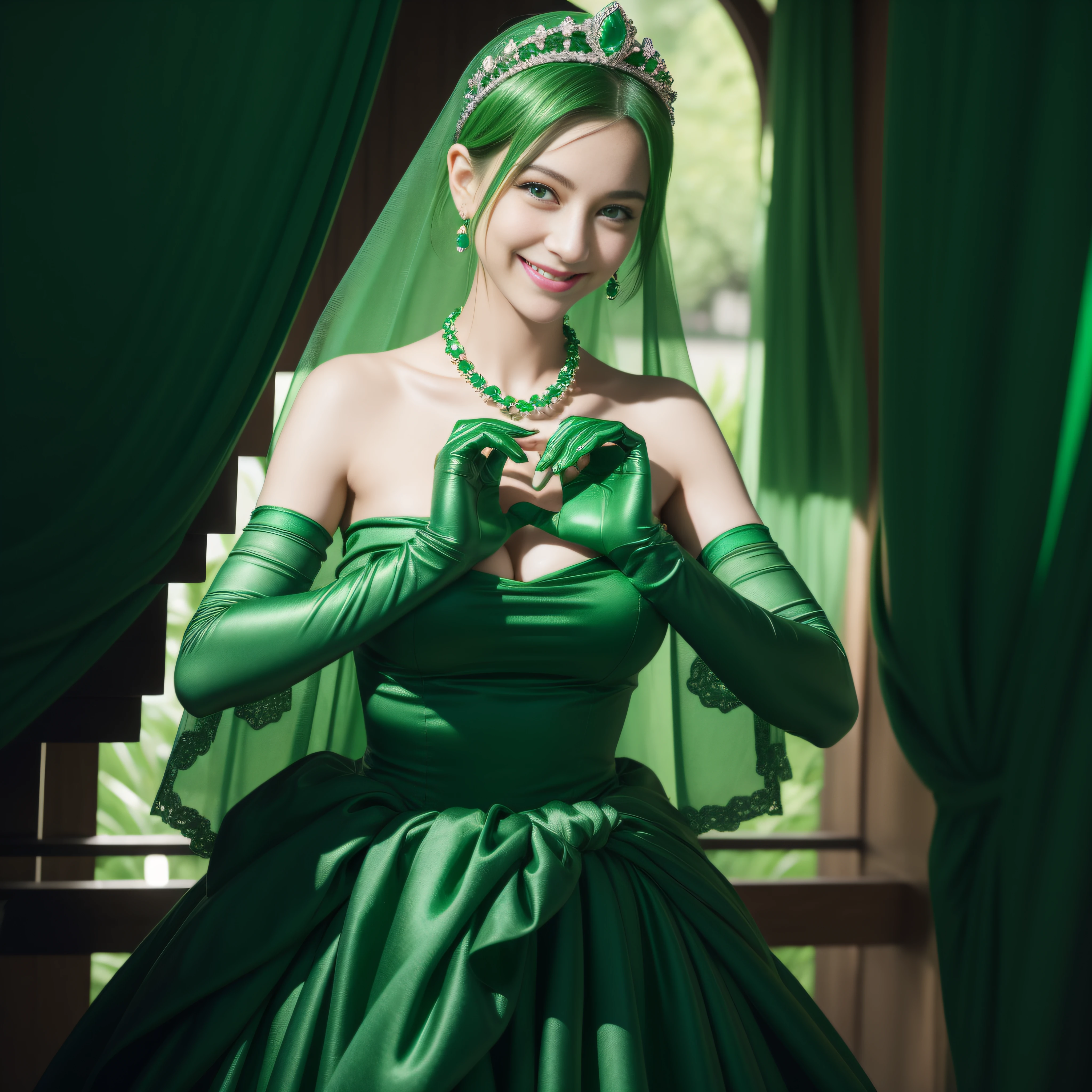 emerald tiara, Green Pearl Necklace, Boyish very short green hair, lipsticks, Japan woman smiling, very short short hair, big breasts beautiful, Green eyes, Long green gloves made of satin material, Green eyes, Emerald Earrings, green vale, Heart with both hands